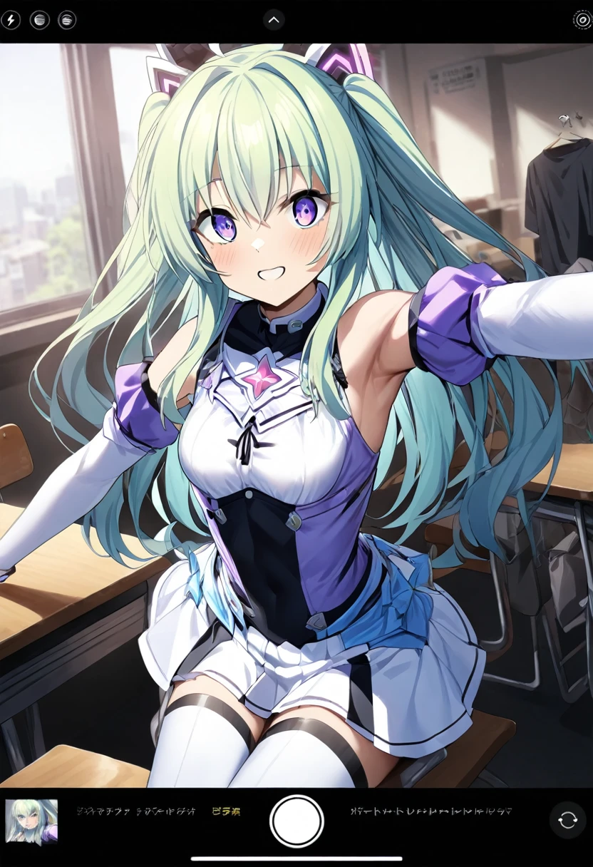 (whole body),masterpiece, highest quality, High resolution, Former Aunt_flora, Magical girl, One Girl, alone, Purple eyes, Green Hair，Long Hair，leotard，Elbow Handbag，Knee-high socks，selfie, user interface, fake screenshot, viewfinder, phone screen, taking picture,Cowboy Shot, Sitting, classroom, mechanical, put your hands on the table, smile, Please show me your armpits, Raise your arms