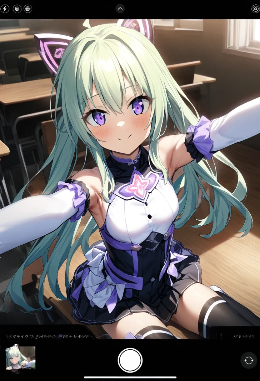 (whole body),masterpiece, highest quality, High resolution, Former Aunt_flora, Magical girl, One Girl, alone, Purple eyes, Green Hair，Long Hair，leotard，Elbow Handbag，Knee-high socks，selfie, user interface, fake screenshot, viewfinder, phone screen, taking picture,Cowboy Shot, Sitting, classroom, mechanical, put your hands on the table, smile, Please show me your armpits, Raise your arms