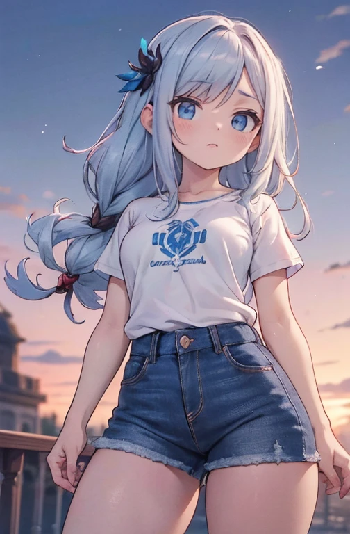 ShenheV4, (Shenhe com camiseta solta), jaqueta jeans, Shorts jeans, (Sozinho:1.1), (mulher madura:1.2), rosto bonito, (olhos detalhados), symmetrical eyes, (labios finos), (cabelo longo, cabelo cinza, braid, cabelo sobre um olho, hair ornament), (lindos seios redondos), corpo voluptuoso, Cintura fina, (Obra de arte, melhor qualidade), Soft ambient lighting, standing, vista frontal, cores vivas, Dia ensolarado, blue sky, Olhando para o espectador, Cintura fina, High definition, 8K, cores vivas, intricado, (absurdos:1.2), Bokeh, ((rosto detalhado)), Detalhes faciais, (ponto de vista coxas)