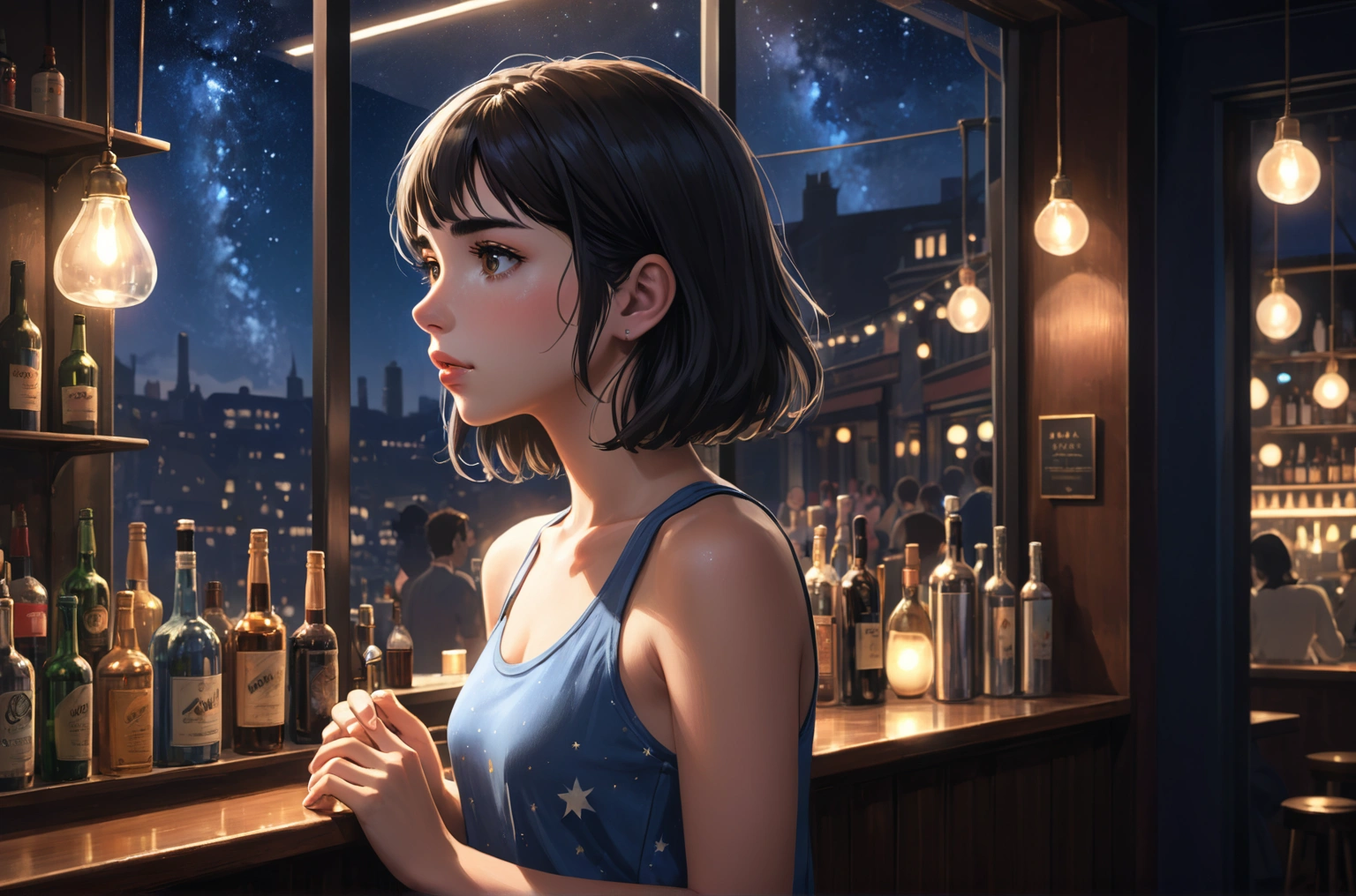 Uses Makoto Shinkai&#39;The depiction is perfect,Portrait of Dua Lipa,8k 4k masterpiece photo ,London,Glass ceiling jazz bar,I can see the twinkling stars through the glass window.,that&#39;Outside in the dark night,Jazz is playing,Profile close-up,Beautiful profile,Semi-long hair,Look in a different direction,Standing alone at the counter,Tight-fitting tank top,Medium bust,Same character as before、At the same store as before