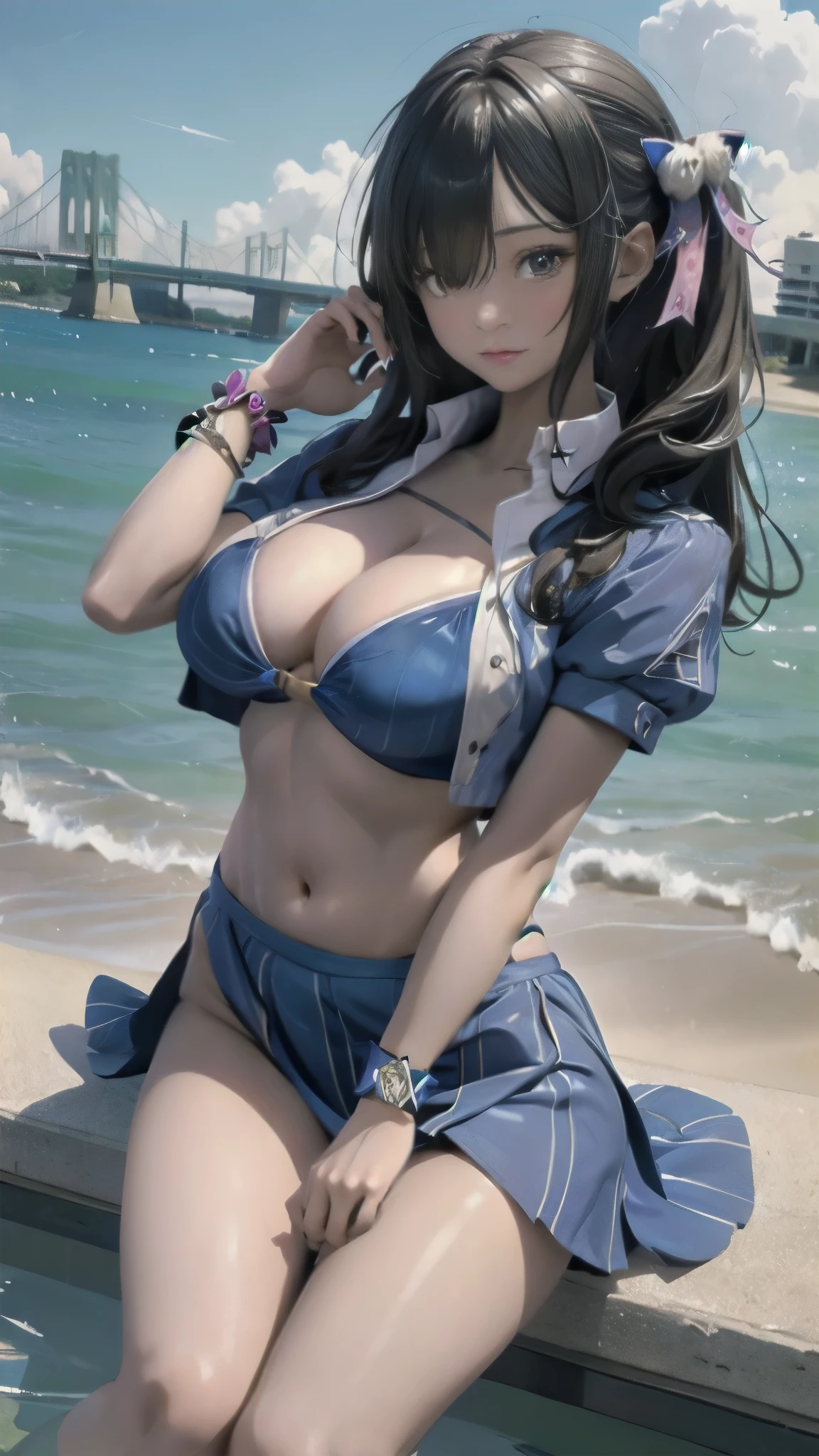(Star-shaped blue pupil,+_+,Pupil in the shape of a symbol,Sparkling eyes)),(Enrich your photos,Masterpiece quality),Exquisite 8K CG artwork,Three Goddess-like Figures,Sit by the river,Posture Exercises,Slim and soft,Translucent skin,The skin is white and juicy,Oversized bust, red bikini, mini skirt, uniform,Point of View Part 1.Silhouette effect is doubled,Exquisite transparent blue pattern on pajamas,Every detail is carefully crafted,The background is a bit blurred,Attractive and seductive legs temptation,Drooling,Extra-large ,blush,Perfect body slim curves,Seaside scenery,The three goddesses sat together,