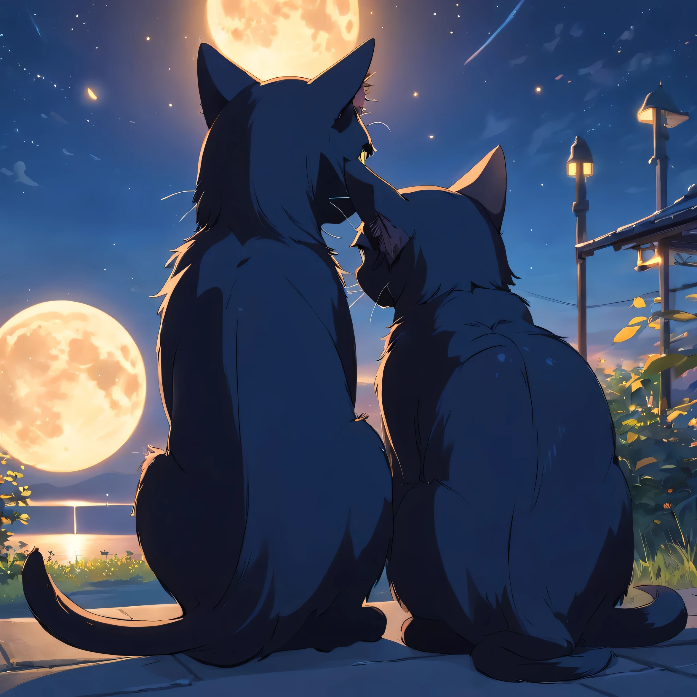 Two black cat sitting under the moonlight, detailed fur, glowing eyes, moonlit night sky, stars, peaceful atmosphere, whimsical, magical realism, fantasy, 8k, intricate details, cinematic lighting, moody, dramatic