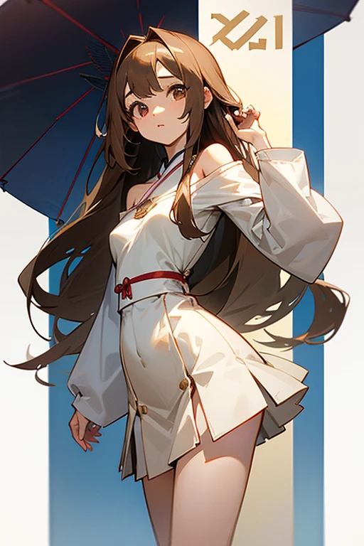 The woman is 23 years old and Japanese.、Light brown long hair with bangs。Her eyes are droopy and narrow。She has a very slender figure、Narrow waist、Thin legs、Small breasts、Have fair skin、Height is 160cm。Off-the-shoulder casual fashion、mini skirt