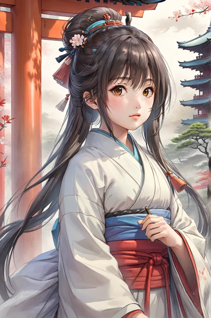 (Highly detailed CG Unity 8k wallpaper),(Super detailed),masterpiece,highest quality, \\, One girl,A fleeting expression,Colored pencil drawing,(Adjust the pen pressure and line thickness to create detailed shadow intensities),In the style of painting on parchment,In the attire of a Shinto priest,Full body description,Sacred atmosphere