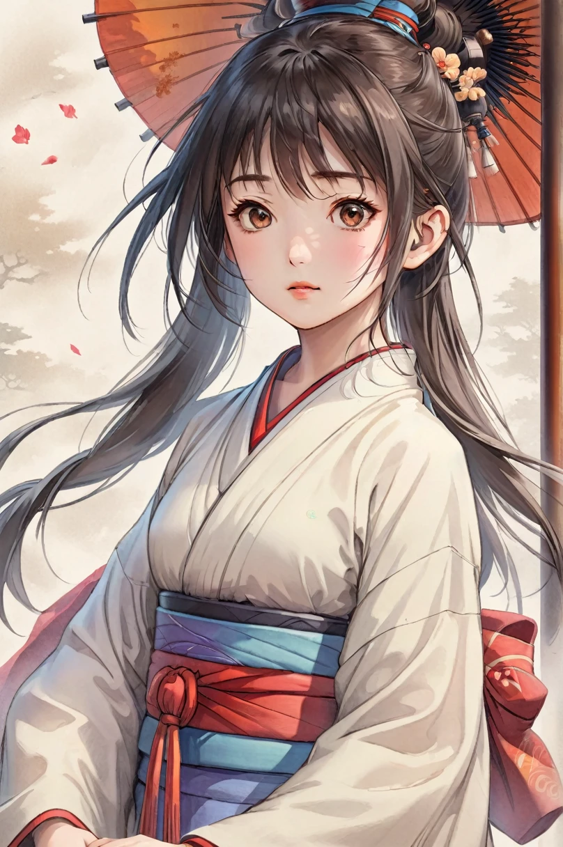 (Highly detailed CG Unity 8k wallpaper),(Super detailed),masterpiece,highest quality, \\, One girl,A fleeting expression,Colored pencil drawing,(Adjust the pen pressure and line thickness to create detailed shadow intensities),In the style of painting on parchment,In the attire of a Shinto priest,Full body description,Sacred atmosphere