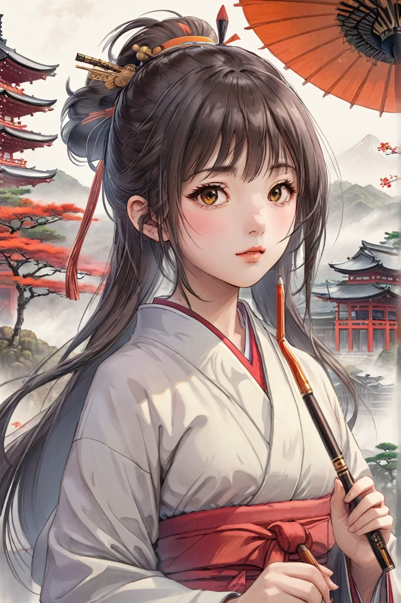 (Highly detailed CG Unity 8k wallpaper),(Super detailed),masterpiece,highest quality, \\, One girl,A fleeting expression,Colored pencil drawing,(Adjust the pen pressure and line thickness to create detailed shadow intensities),In the style of painting on parchment,In the attire of a Shinto priest,Full body description,Sacred atmosphere