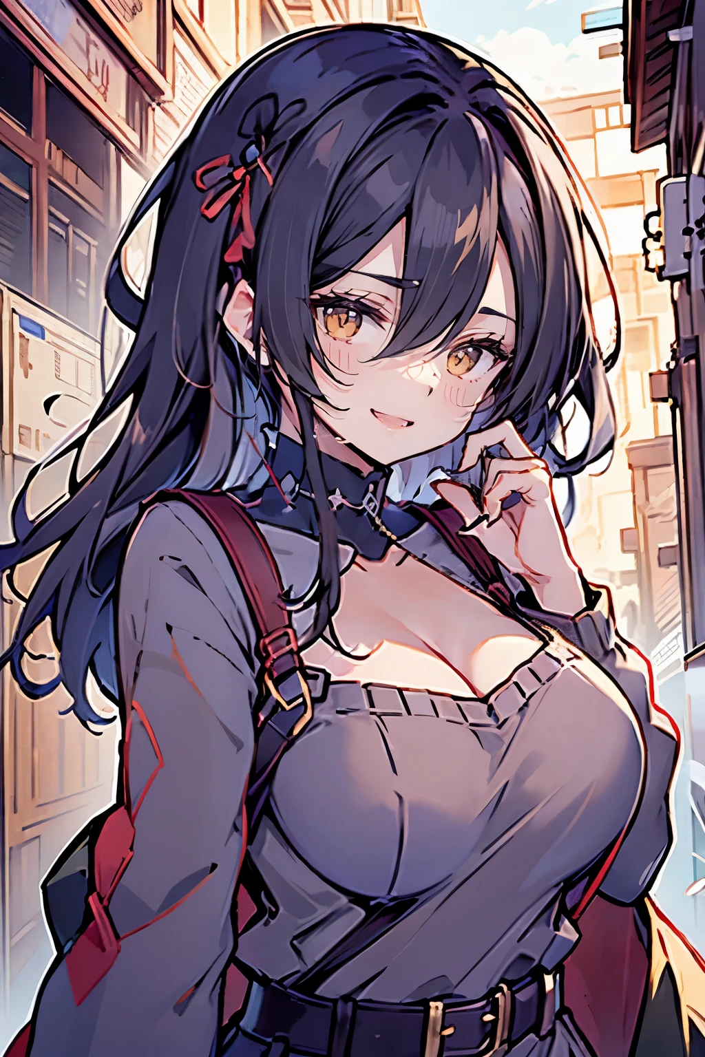 hui xiyi, rekkyo sensen, rekkyou sensen, character design with((black hair, tits cleavage, waving, breasts close up, suspenders, dress, blue clothes, swept bangs, belt, frills shirt, knit sweater, exposed breasts, straps, ribbon, fur clothes, upper body, long hair, half-twin tail, nun, long sleeves, perfect hands, perfect fingers)),