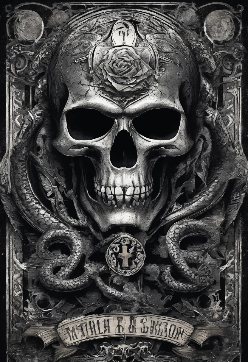 a motorcycle club logo by the name of Pythons, a python coiled around a skull wearing a helmet, aggressive, menacing, photorealistic, dark, moody, detailed, (best quality,4k,8k,highres,masterpiece:1.2),ultra-detailed,(realistic,photorealistic,photo-realistic:1.37), chiaroscuro lighting, dramatic shadows, intense colors, gritty, grunge, edgy, dynamic composition, angular, sharp, bold, sinister, ominous, foreboding
