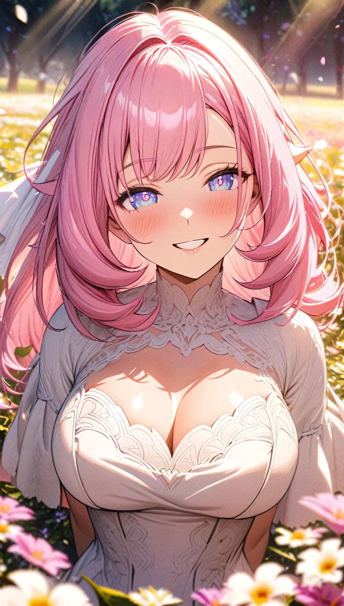 elysia, long pink hair, beautiful face,smiling,close up to hips, beautiful breast, in the middle of flowers field, wearing beautiful white wedding dress , (open mouth:0.4),illustration,detailed textures(realists),ultra-detailed,portrait style,vivid colors,soft lighting, blushing, mature, hair fluttering, warm sunlight 