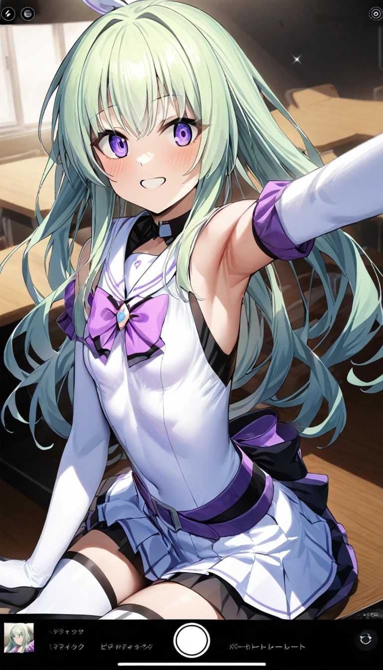 (whole body),masterpiece, highest quality, High resolution, Former Aunt_flora, Magical girl, One Girl, alone, Purple eyes, Green Hair，Long Hair，leotard，Elbow Handbag，Knee-high socks，selfie, user interface, fake screenshot, viewfinder, phone screen, taking picture,Cowboy Shot, Sitting, classroom, mechanical, put your hands on the table, smile, Please show me your armpits, Raise your arms