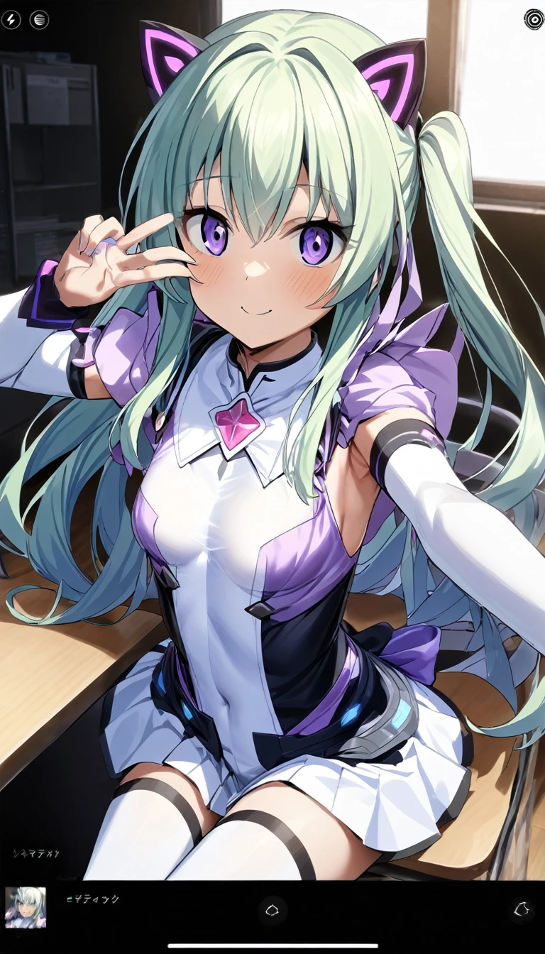 (whole body),masterpiece, highest quality, High resolution, Former Aunt_flora, Magical girl, One Girl, alone, Purple eyes, Green Hair，Long Hair，leotard，Elbow Handbag，Knee-high socks，selfie, user interface, fake screenshot, viewfinder, phone screen, taking picture,Cowboy Shot, Sitting, classroom, mechanical, put your hands on the table, smile, Please show me your armpits, Raise your arms