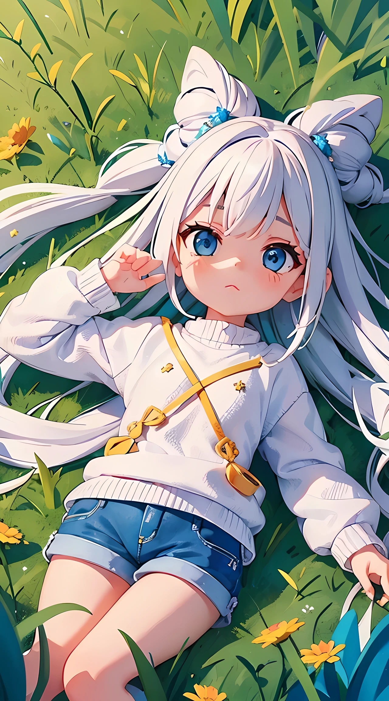 Cute , white hair, detailed blue eyes, sweater, cute jean shorts, girl lying on grassy field, view from above , cute face, grassy field, looking up, top knot, sad expression, view from above