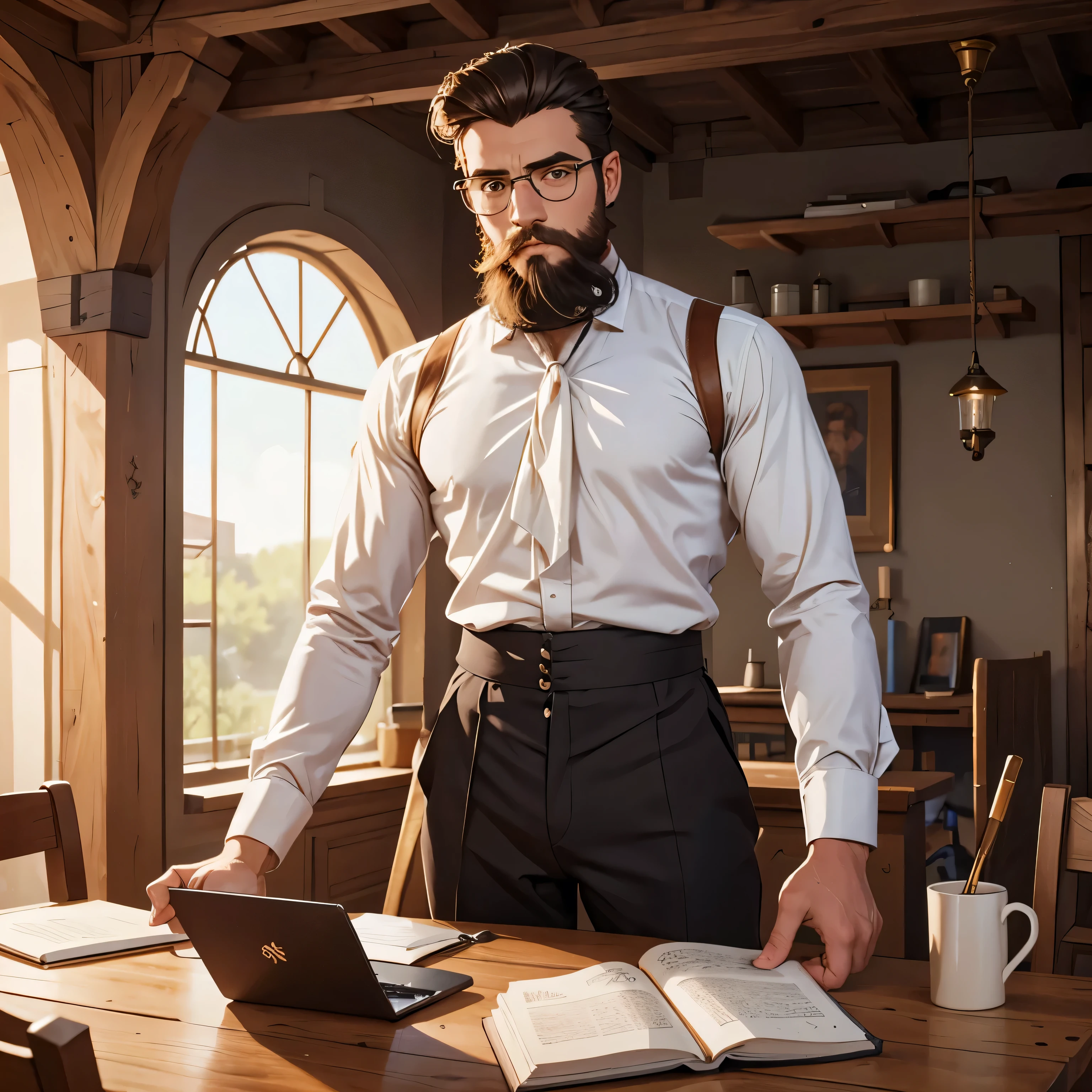 Homme aux cheveux mi-longs attachés avec une barbe de taille moyenne portant des lunettes et une blouse blanche assis à une table fumant une pipe