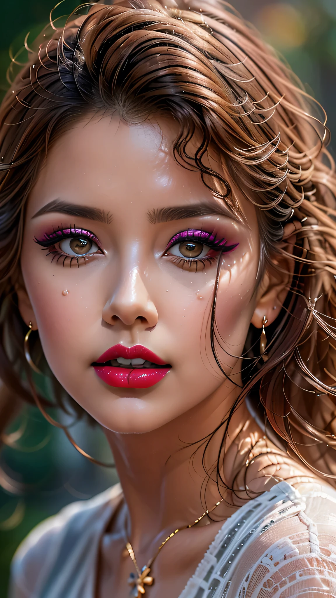 Divide Ratio : 1,1,1 Base Ratio: (((portrait))),perfect dynamic composition:1.2,beauty(mixed girl)(madison ivy:0.5)(jessica alba:0.3)(Ariana Grande:0.3) in (Intricately detailed photo of a((22-year-old))),((photorealistic)),((Hyper realistic)),((sharp focus)),(highest resolution),(the most absurd quality),(masterpiece),((natural, soft lighting during the day)),fashion supermodel,((best high quality real texture skin)),(Highly quality texture hair),((curly hair(((slicked to the two side)))Intricately detailed:1.44)),(perfect proportions),(anatomically correct),((perfect female body)),((firm normal breasts:1.2)),slim face,beautiful cheekbones,(Super beautiful face),(realistic face),(highly detailed face),absurd art(Intricately detailed eyes),(tired and sleepy and satisfied:0.0),(close up of a woman's eye with a digital rendering),(realistic eyes),perfect round eyes,finely detailed pupils,(brown_eyes:1.28),BREAK,detailed lips:1.3,pink_makeup:1.3,long_blue_eyeliner:1.35, (red_lipstick:1.32),perfect dark_eyeshadows:1.35, there a close up of a woman's, (super detailed makeup on eyes:1.3), iridescent eyes, with professional makeup, vibrant eyes:1.2,(Detailed nose),full bodyesbian,dark shot:1.2,((Intricately detailed sports crop top:1.3)),look at the viewer,((city),walking),On the street,((Earrings, pendant)),
