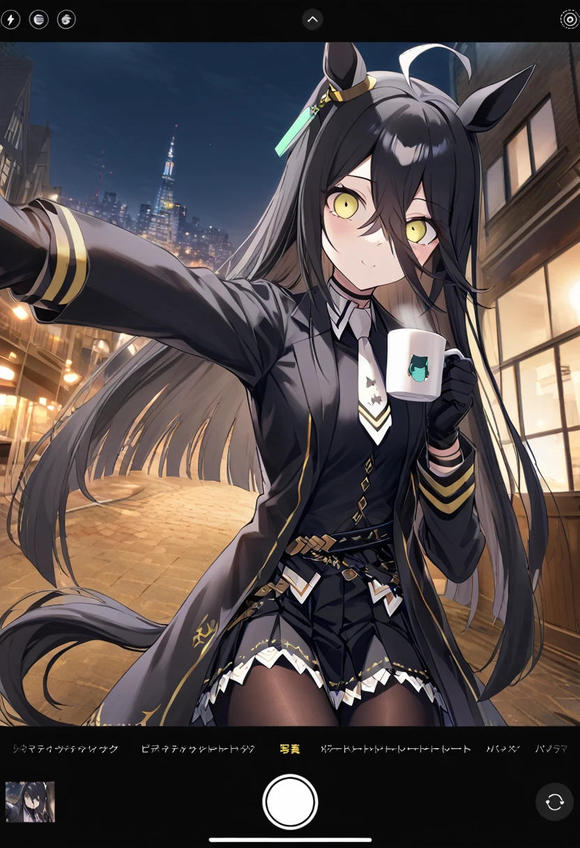 score_9, score_8_Excellent, score_7_Excellent, sauce_anime, evaluation_safety, alone, One Girl, Manhattan Cafe, Expressionless, Show Viewer, Drink a coffee mug, Ahoge, Black jacket, shirt, tie, Black gloves, skirt, pantyhose, Single earring, Horse tail , selfie, user interface, fake screenshot, viewfinder, phone screen, taking picture,moonlight，Dark Room，horse riding，ベッドのExcellentにいる，