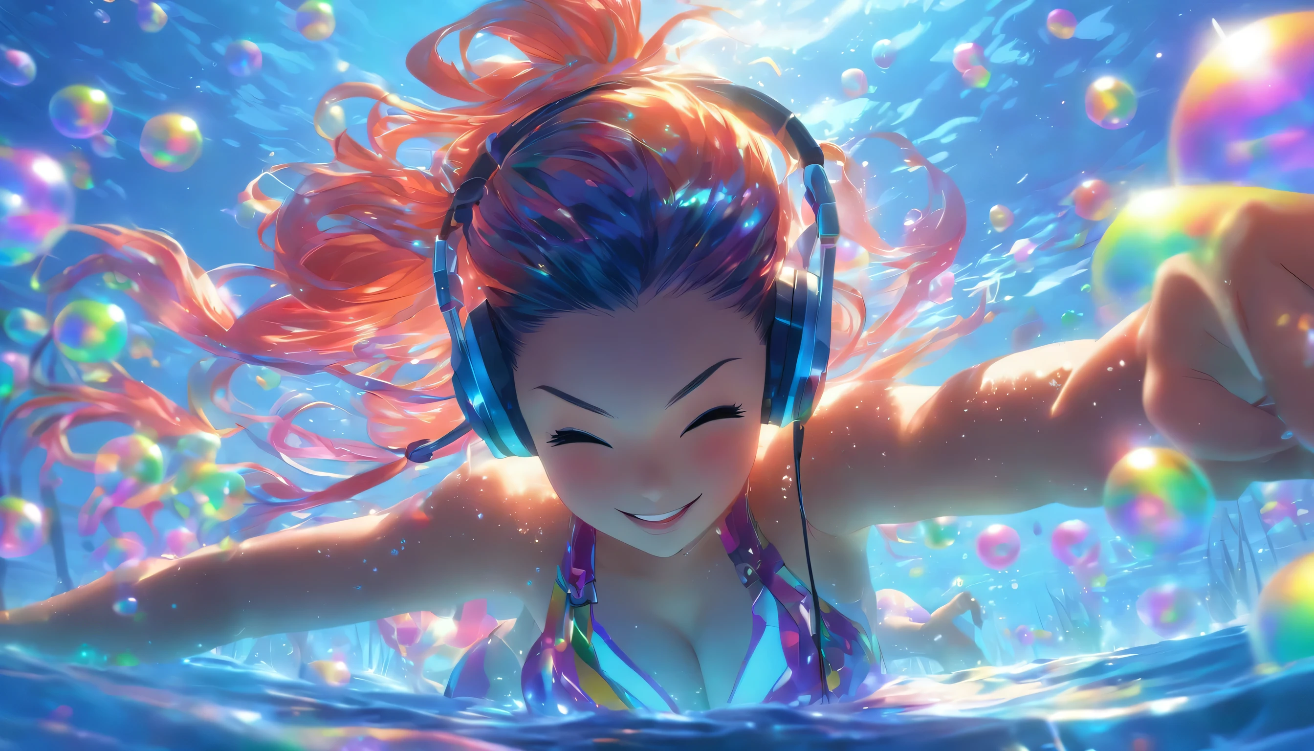 Transparent color PVC clothing, Transparent Vinyl Bikini, Prismatic, Holographic, chromatic aberration, Fashion Illustration, masterpiece, DJ Girl,, 8k, Super detailed, Pixiv、((Sexy woman sleeping))、((Colorful Hair))、(((Wearing futuristic headphones)))、((I'm sticking out my belly button))、((Swaying bust))、(((Long hair that flows to one side)))、((Too big boobs))、(((Diving in the Big Lake Biwa)))、(((Many glowing bubbles)))、(((Sleeping underwater in the lake)))、((Close your eyes and smile))、(sexy)
