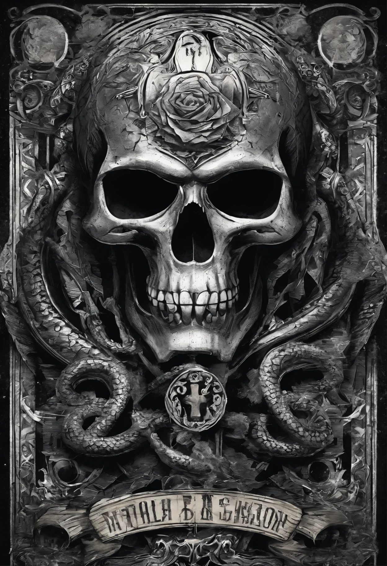 a motorcycle club logo by the name of Pythons, a python coiled around a skull wearing a helmet, aggressive, menacing, photorealistic, dark, moody, detailed, (best quality,4k,8k,highres,masterpiece:1.2),ultra-detailed,(realistic,photorealistic,photo-realistic:1.37), chiaroscuro lighting, dramatic shadows, intense colors, gritty, grunge, edgy, dynamic composition, angular, sharp, bold, sinister, ominous, foreboding