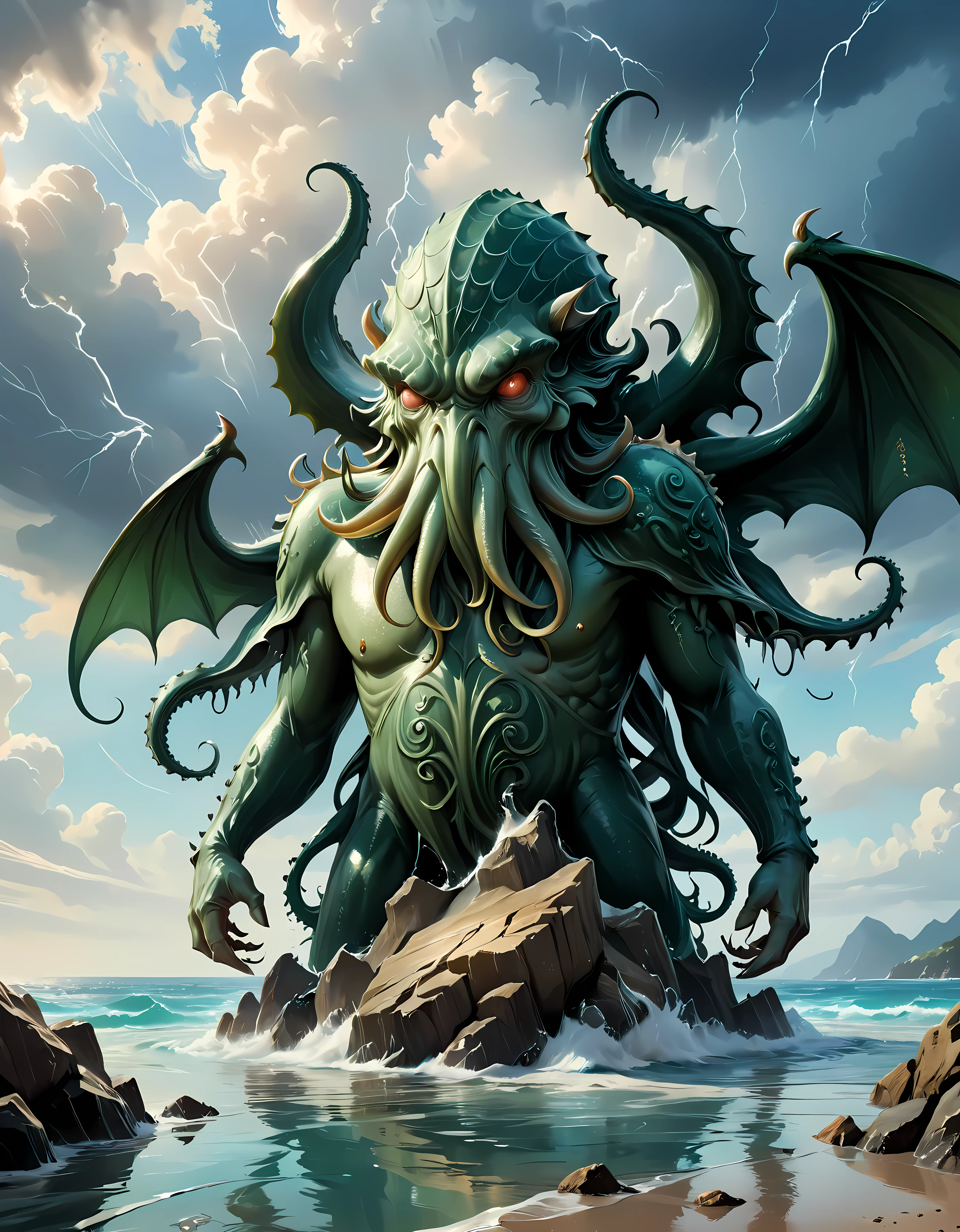 ((soft_color_painting:)1.5), ((soft_color_tones):1.4), ((crystal clear water reflection background):1.3), ((soft color of Giant Cthulhu):1.4)),((cinematic view of a storm coast):1.2),((Movie-like still images and dynamic angles):1.3), ((cool and beautiful shadow silhouette):1.1), Gouache with intricate details, Add a touch of realism to this visually detailed and stylistically diverse masterpiece, Detailed brushstrokes have been enhanced, Careful brushwork creates an atmosphere, Utilize delicate yet powerful brushstroke techniques, Create an enchanting atmosphere. highly detailed gouache, ((Unparalleled sharpness and clarity):1.1), ((Radiosity rendered in stunning 32K resolution):1.3), All captured with sharp focus. Rendered in ultra-high definition with UHD and retina quality, this masterpiece ensures anatomical correctness and textured skin with super detail. With a focus on high quality and accuracy, this award-winning portrayal captures every nuance in stunning 16k resolution, immersing viewers in its lifelike depiction. | ((perfect_composition, perfect_design, perfect_layout, perfect_detail, ultra_detailed)), ((enhance_all, fix_everything)), More Detail, Enhance.