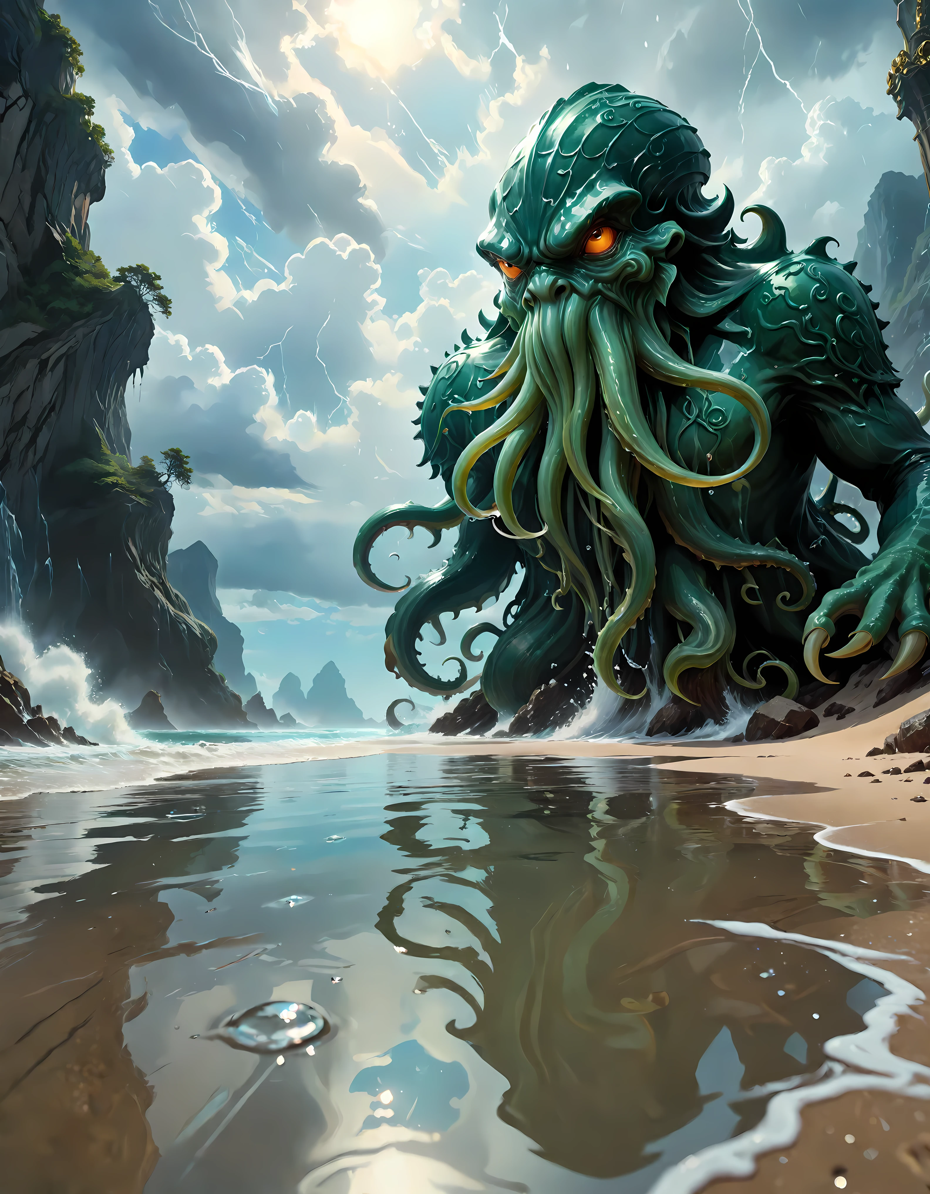 ((soft_color_painting:)1.5), ((soft_color_tones):1.4), ((crystal clear water reflection background):1.3), ((soft color of Giant Cthulhu):1.4)),((cinematic view of a storm coast):1.2),((Movie-like still images and dynamic angles):1.3), ((cool and beautiful shadow silhouette):1.1), Gouache with intricate details, Add a touch of realism to this visually detailed and stylistically diverse masterpiece, Detailed brushstrokes have been enhanced, Careful brushwork creates an atmosphere, Utilize delicate yet powerful brushstroke techniques, Create an enchanting atmosphere. highly detailed gouache, ((Unparalleled sharpness and clarity):1.1), ((Radiosity rendered in stunning 32K resolution):1.3), All captured with sharp focus. Rendered in ultra-high definition with UHD and retina quality, this masterpiece ensures anatomical correctness and textured skin with super detail. With a focus on high quality and accuracy, this award-winning portrayal captures every nuance in stunning 16k resolution, immersing viewers in its lifelike depiction. | ((perfect_composition, perfect_design, perfect_layout, perfect_detail, ultra_detailed)), ((enhance_all, fix_everything)), More Detail, Enhance.