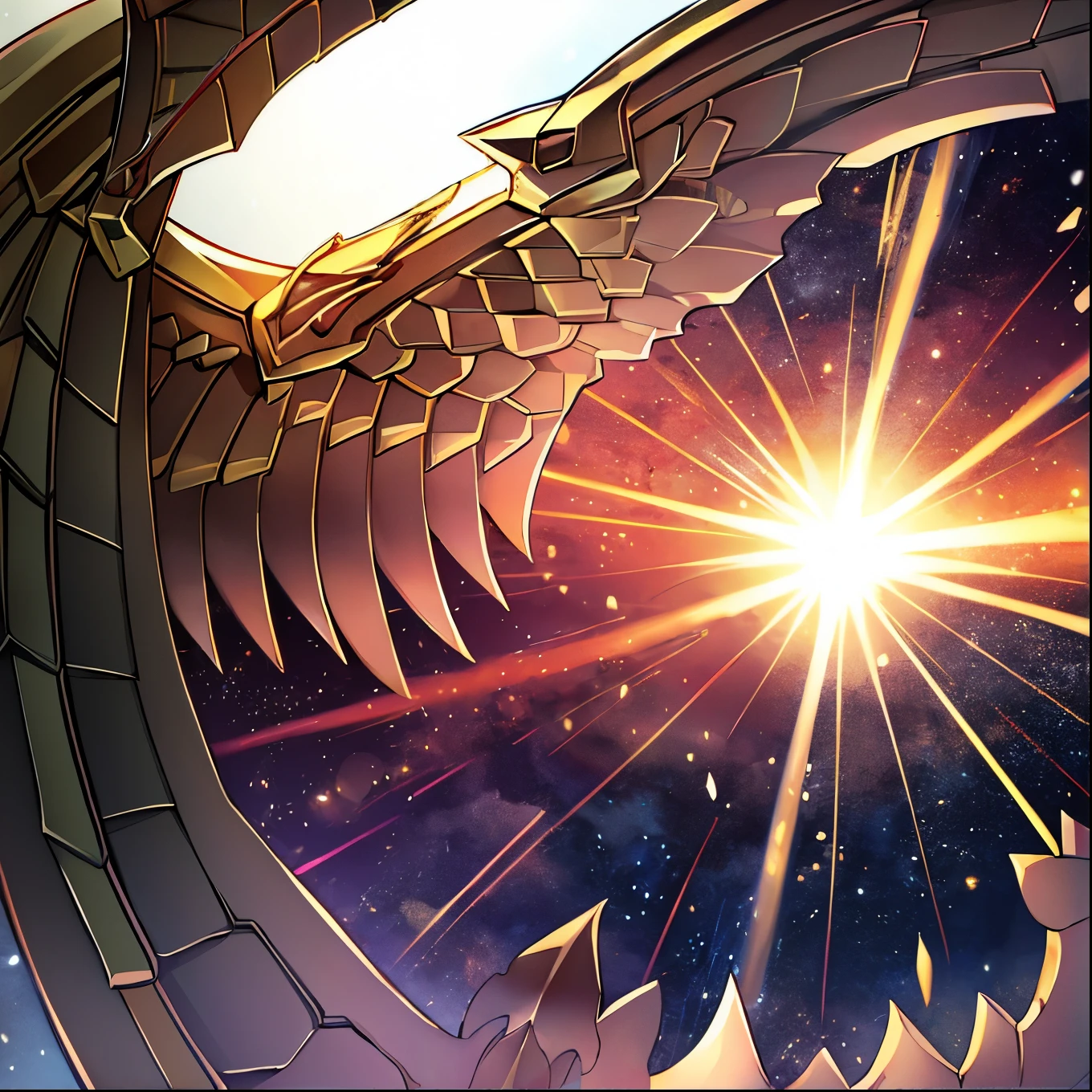 Masterpiece Portrait, Extreme details,, Very detailed, 8K octane, HDR, Super detailed, best quality, best quality, Realistic lighting, Ultra Detailed，A huge dragon，(Shining diamond-shaped wings:1.35),[Layers of golden armor｜Complex and gorgeous texture pattern]Fully covered armor，Space Background，The sun behind，（perspective：1.4），Starry sky elements，Iridescent wing membrane