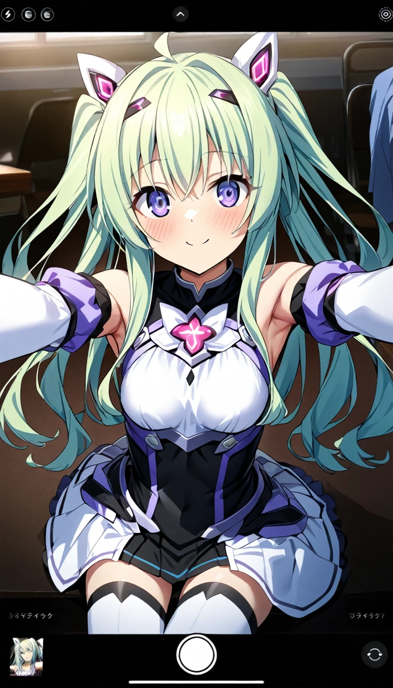 (whole body),masterpiece, highest quality, High resolution, Former Aunt_flora, Magical girl, One Girl, alone, Purple eyes, Green Hair，Long Hair，leotard，Elbow Handbag，Knee-high socks，selfie, user interface, fake screenshot, viewfinder, phone screen, taking picture,Cowboy Shot, Sitting, classroom, mechanical, put your hands on the table, smile, Please show me your armpits, Raise your arms