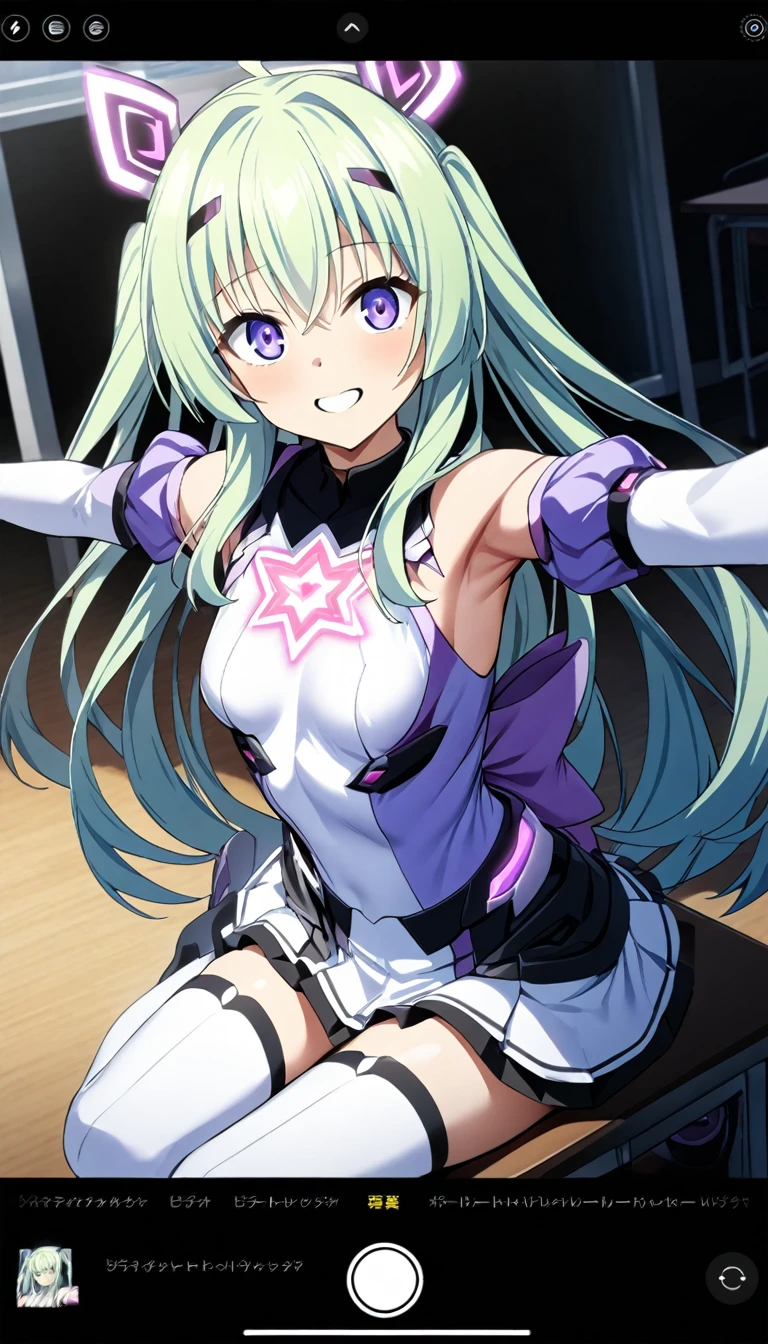 (whole body),masterpiece, highest quality, High resolution, Former Aunt_flora, Magical girl, One Girl, alone, Purple eyes, Green Hair，Long Hair，leotard，Elbow Handbag，Knee-high socks，selfie, user interface, fake screenshot, viewfinder, phone screen, taking picture,Cowboy Shot, Sitting, classroom, mechanical, put your hands on the table, smile, Please show me your armpits, Raise your arms