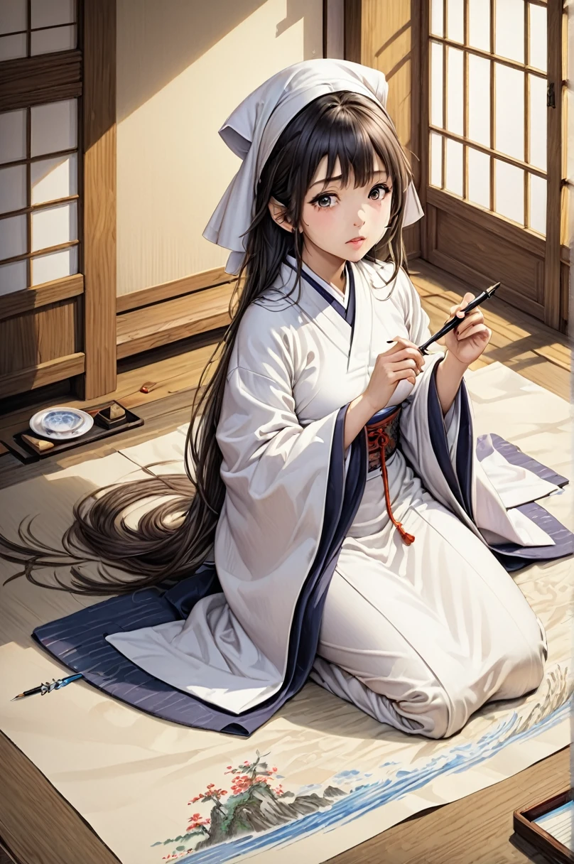 (Highly detailed CG Unity 8k wallpaper),(Super detailed),masterpiece,highest quality, \\, One girl,A fleeting expression,Colored pencil drawing,(Adjust the pen pressure and line thickness to create detailed shadow intensities),In the style of painting on parchment,In the attire of a Shinto priest,Full body description,Sacred atmosphere