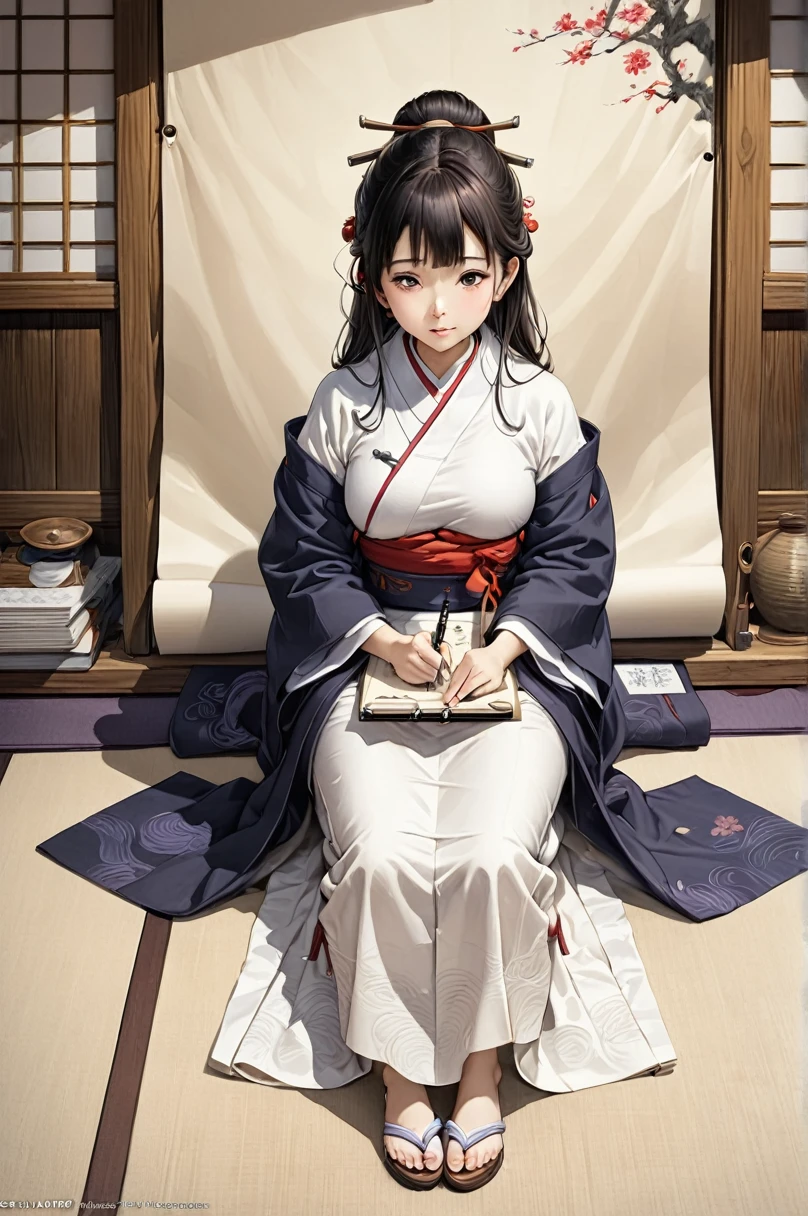 (Highly detailed CG Unity 8k wallpaper),(Super detailed),masterpiece,highest quality, \\, One girl,A fleeting expression,Colored pencil drawing,(Adjust the pen pressure and line thickness to create detailed shadow intensities),In the style of painting on parchment,In the attire of a Shinto priest,Full body description,Sacred atmosphere