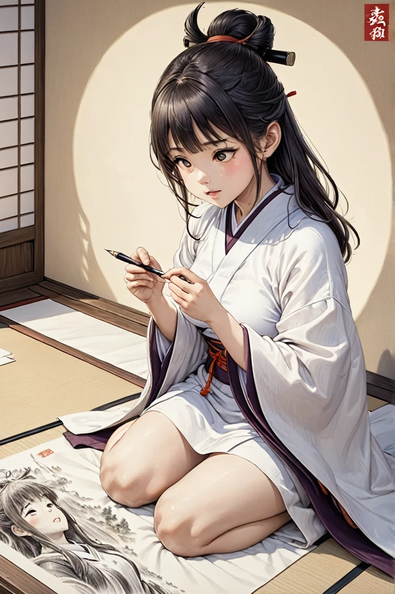 (Highly detailed CG Unity 8k wallpaper),(Super detailed),masterpiece,highest quality, \\, One girl,A fleeting expression,Colored pencil drawing,(Adjust the pen pressure and line thickness to create detailed shadow intensities),In the style of painting on parchment,In the attire of a Shinto priest,Full body description,Sacred atmosphere