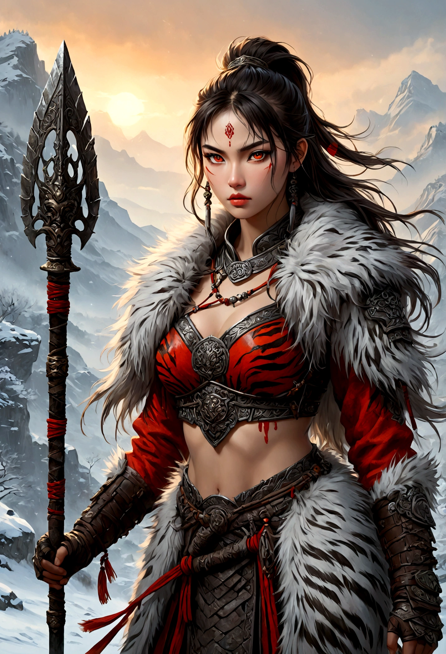 (best quality,4k,8K,high resolution,masterpiece:1.2),Very detailed,(actual,photoactual,photo-actual:1.37),Thick fur winter coat,Creative fusion of traditional Chinese design patterns and contemporary elements, High Ponytail，There is blood on the face，Red paint， Strong expression, Full of energy, Sharp eyes, 1 warrior, Handsome face, Tiger beast, Epic Fantasy Character Art, wearing intricate fur armor, Luis Royo (Luis Royo) style, Northern female warrior holding a spear, HDR, Ultra high quality, Studio Lighting, Ultra-fine, Be focused, Physically Based Rendering, Very detailed的描述, professional, Vibrant colors, Bokeh, portrait, landscape