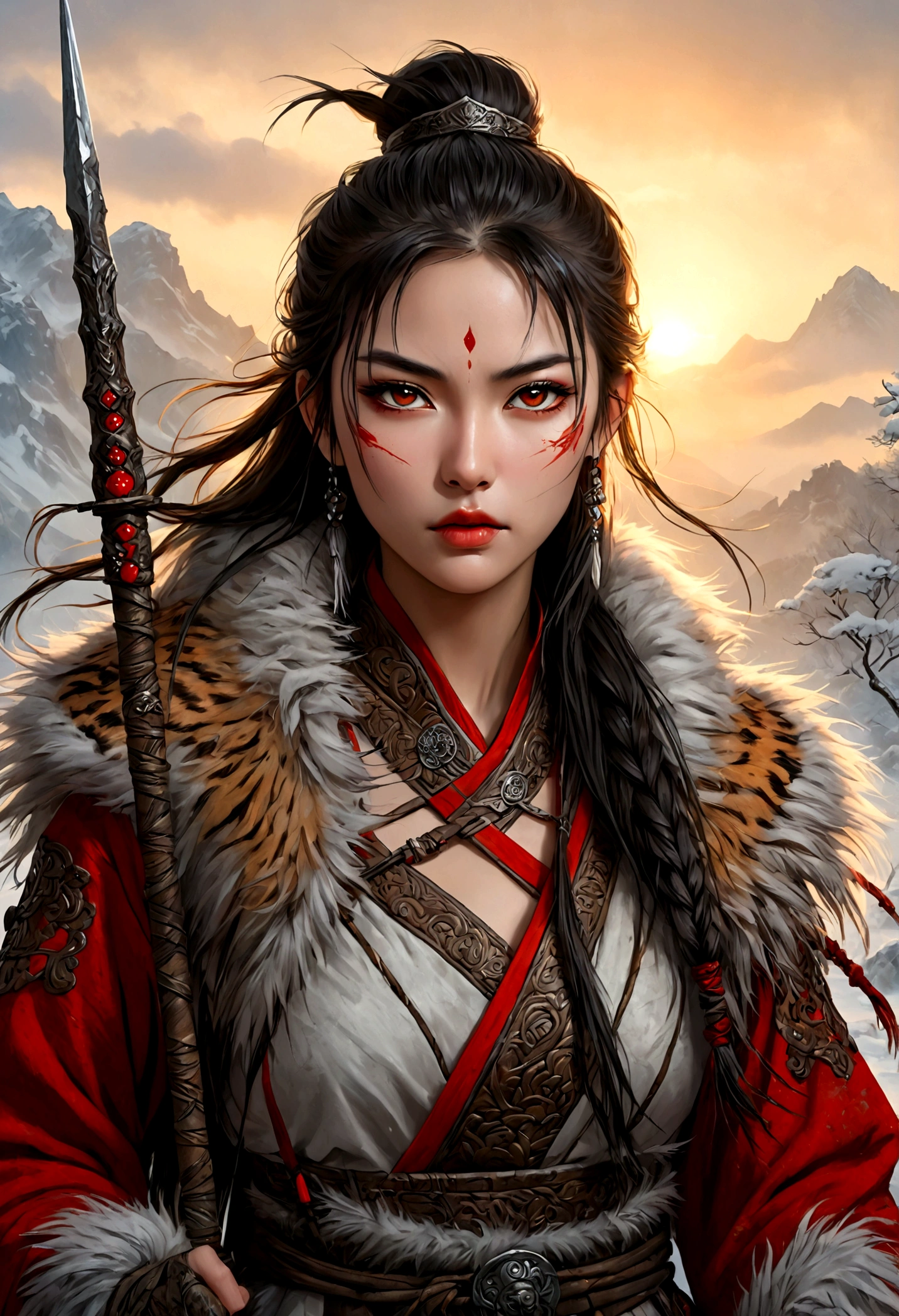 (best quality,4k,8K,high resolution,masterpiece:1.2),Very detailed,(actual,photoactual,photo-actual:1.37),Thick fur winter coat,Creative fusion of traditional Chinese design patterns and contemporary elements, High Ponytail,There is blood on the face,Red paint, Strong expression, Full of energy, Sharp eyes, 1 warrior, Handsome face, Tiger beast, Epic Fantasy Character Art, wearing intricate fur armor, Luis Royo (Luis Royo) style, Northern female warrior holding a spear, HDR, Ultra high quality, Studio Lighting, Ultra-fine, Be focused, Physically Based Rendering, Very detailed的描述, professional, Vibrant colors, Bokeh, portrait, landscape