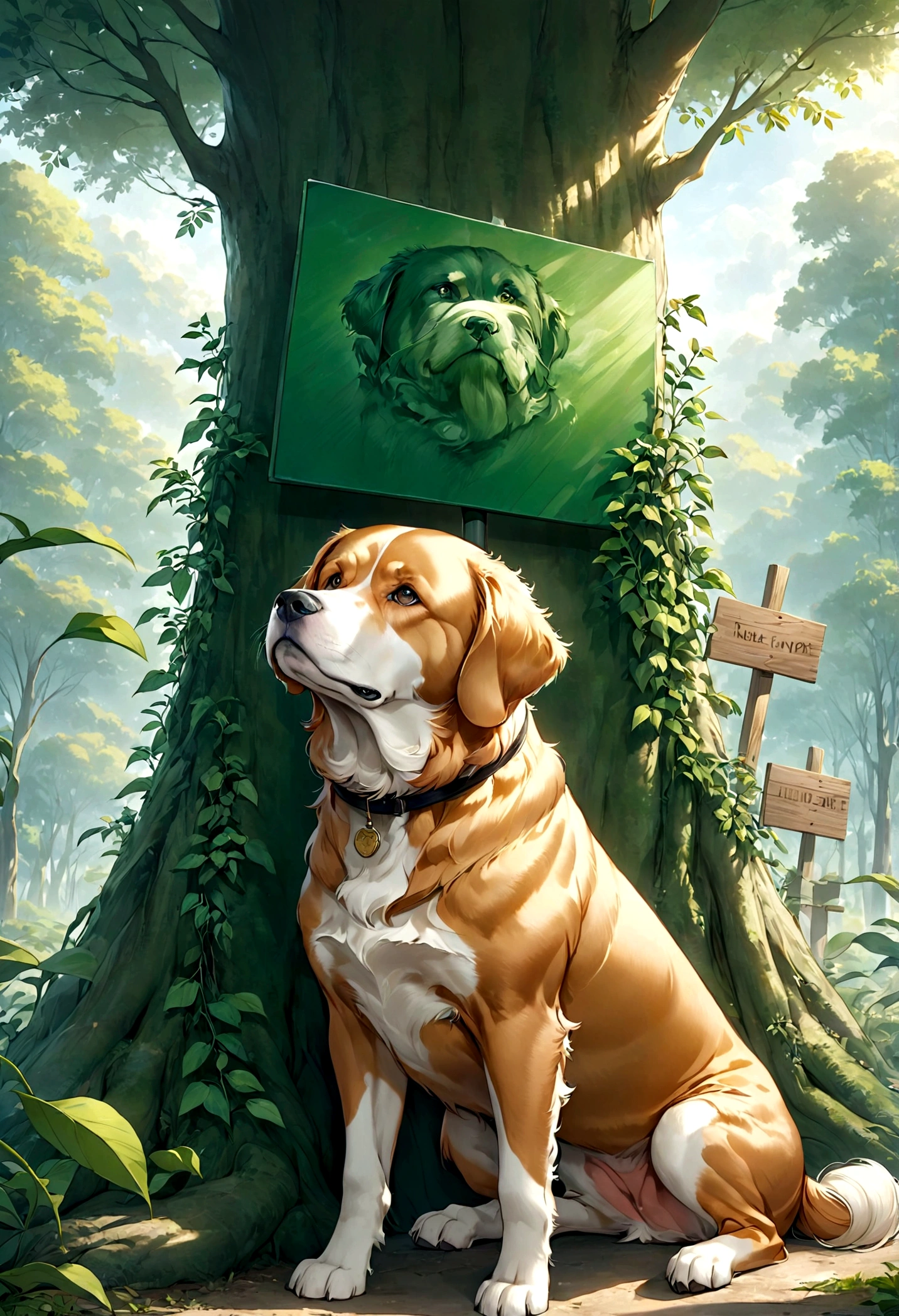 Create an image of a dog symbolizing the traits of an advocate (INFJ). The dog should be a Golden Retriever, known for its friendly and intelligent nature. The dog should have a thoughtful and idealistic expression, reflecting its strong beliefs and desire to make positive changes in the world. The dog should appear engaged in an activity that represents helping others or bringing about positive change, such as planting a tree, comforting another animal, or holding a sign with a motivational message. The primary theme color should be green, with the dog's fur or background featuring various shades of green to highlight its unique and idealistic nature. The overall atmosphere should reflect the dog's high aspirations, sincerity, and commitment to its values, capturing the essence of a rare but highly impactful personality type.