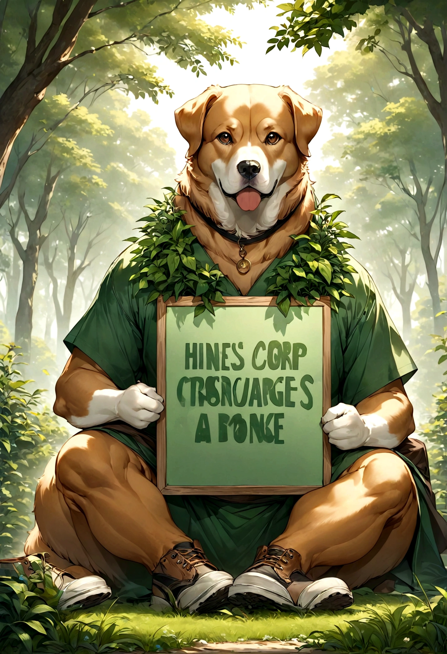 Create an image of a dog symbolizing the traits of an advocate (INFJ). The dog should be a Golden Retriever, known for its friendly and intelligent nature. The dog should have a thoughtful and idealistic expression, reflecting its strong beliefs and desire to make positive changes in the world. The dog should appear engaged in an activity that represents helping others or bringing about positive change, such as planting a tree, comforting another animal, or holding a sign with a motivational message. The primary theme color should be green, with the dog's fur or background featuring various shades of green to highlight its unique and idealistic nature. The overall atmosphere should reflect the dog's high aspirations, sincerity, and commitment to its values, capturing the essence of a rare but highly impactful personality type.