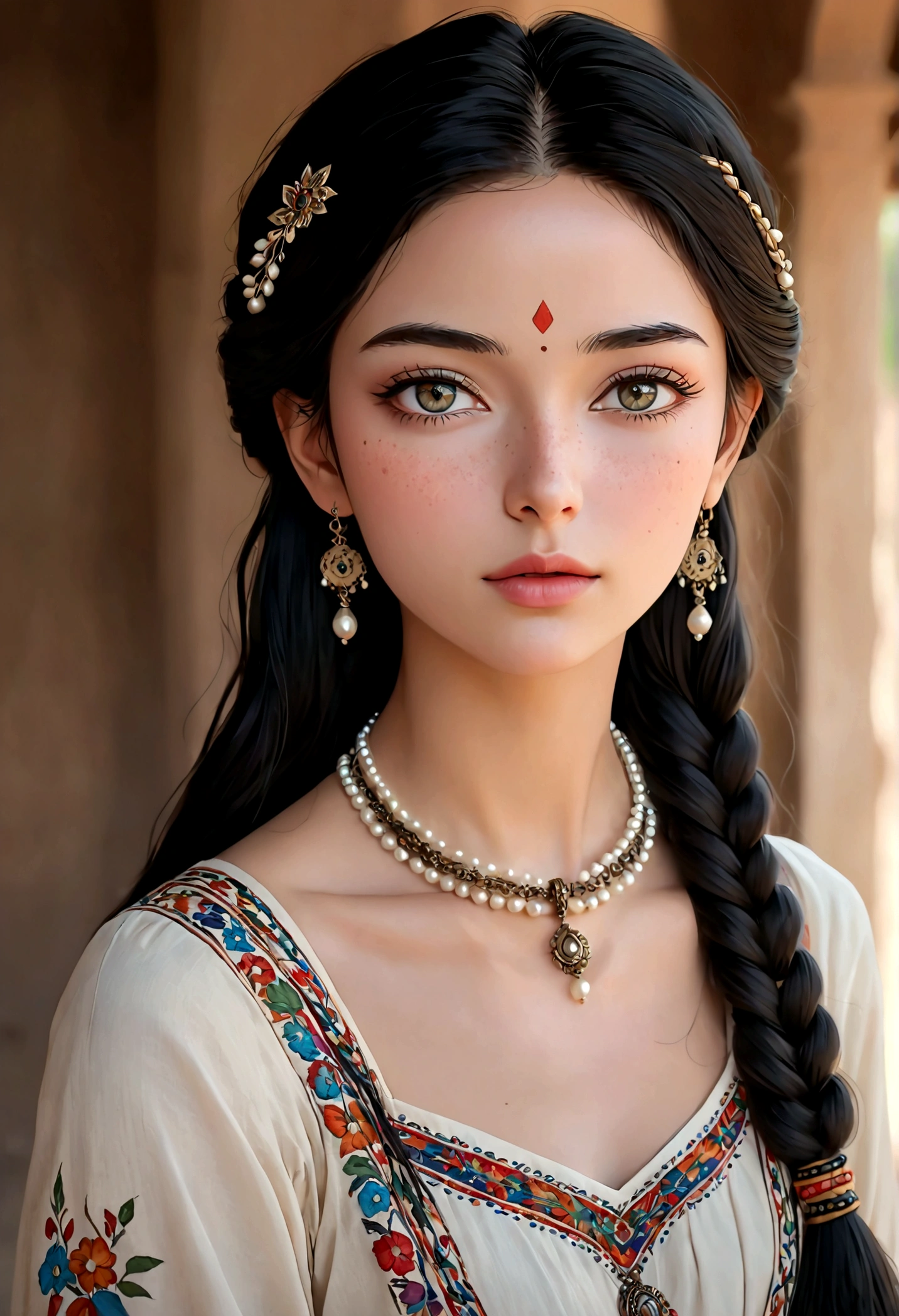 Beautiful young woman in traditional ethnic costume, flowing long black hair,With colorful braids, radiant skin, Delicate facial features and delicate eye makeup, Pearl necklace, Blurred background, (best quality,4k,8K,High resolution,masterpiece:1.2),Extremely detailed,(Practical,photoPractical,photo-Practical:1.37),Extremely detailed eyes and face,Long eyelashes,Beautiful and delicate eyes,Beautiful and delicate lips,Delicate skin,With slight freckles,Delicate shoulders and arms,elegant flowing dress,Intricate traditional ethnic patterns and designs