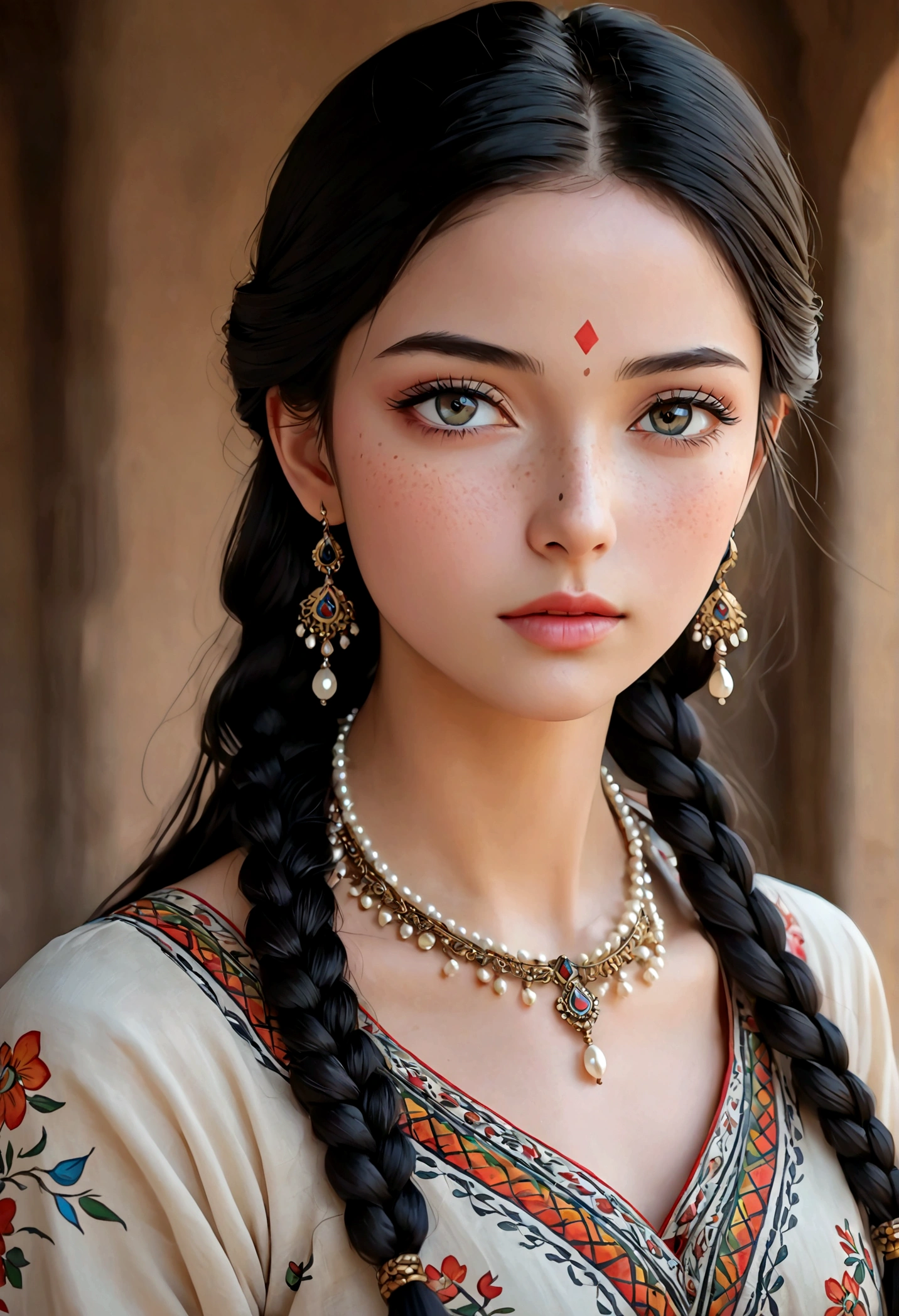 Beautiful young woman in traditional ethnic costume, flowing long black hair，With colorful braids, radiant skin, Delicate facial features and delicate eye makeup, Pearl necklace, Blurred background, (best quality,4k,8K,High resolution,masterpiece:1.2),Extremely detailed,(Practical,photoPractical,photo-Practical:1.37),Extremely detailed eyes and face,Long eyelashes,Beautiful and delicate eyes,Beautiful and delicate lips,Delicate skin，With slight freckles,Delicate shoulders and arms,elegant flowing dress,Intricate traditional ethnic patterns and designs