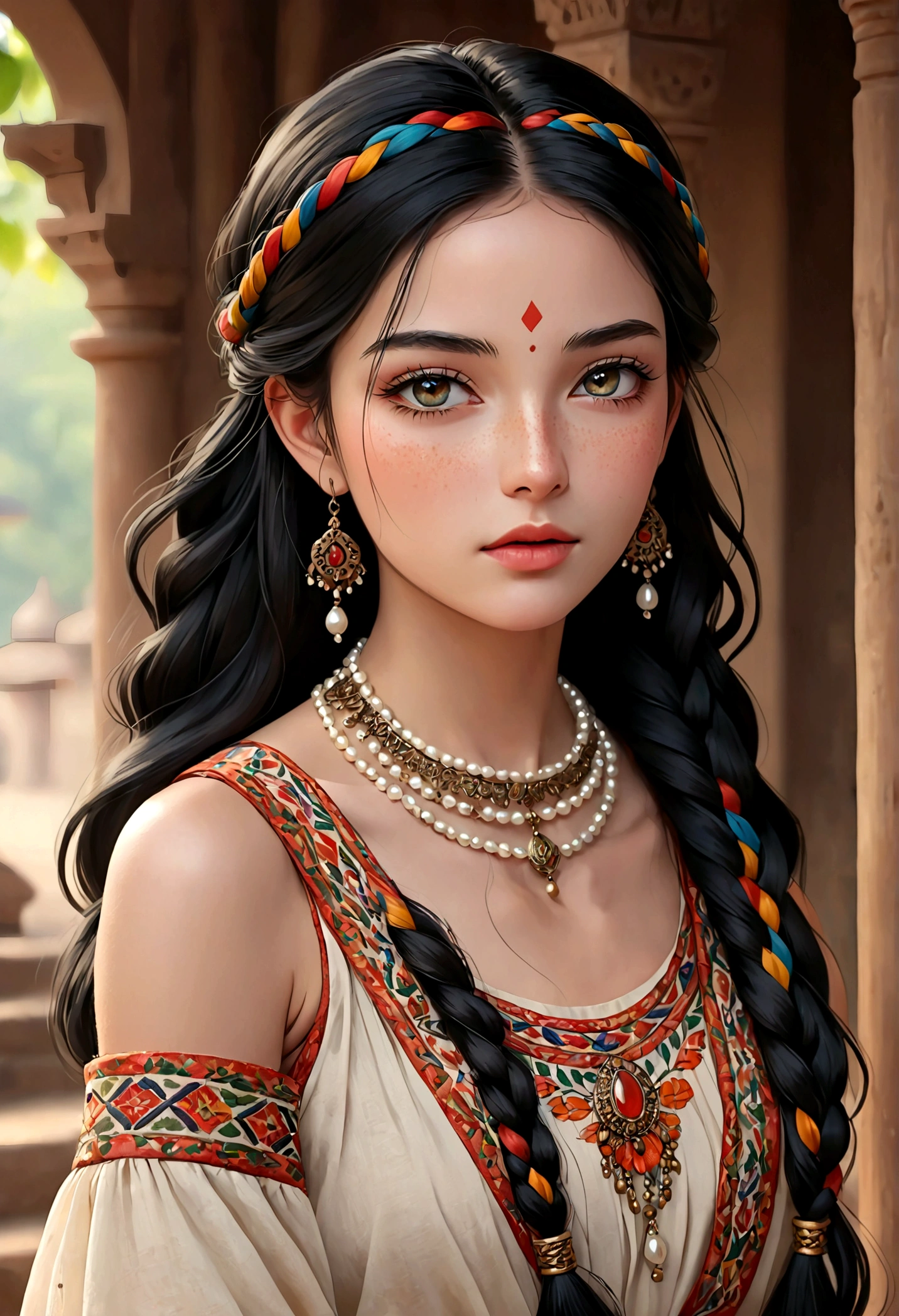 Beautiful young woman in traditional ethnic costume, flowing long black hair，With colorful braids, radiant skin, Delicate facial features and delicate eye makeup, Pearl necklace, Blurred background, (best quality,4k,8K,High resolution,masterpiece:1.2),Extremely detailed,(Practical,photoPractical,photo-Practical:1.37),Extremely detailed eyes and face,Long eyelashes,Beautiful and delicate eyes,Beautiful and delicate lips,Delicate skin，With slight freckles,Delicate shoulders and arms,elegant flowing dress,Intricate traditional ethnic patterns and designs