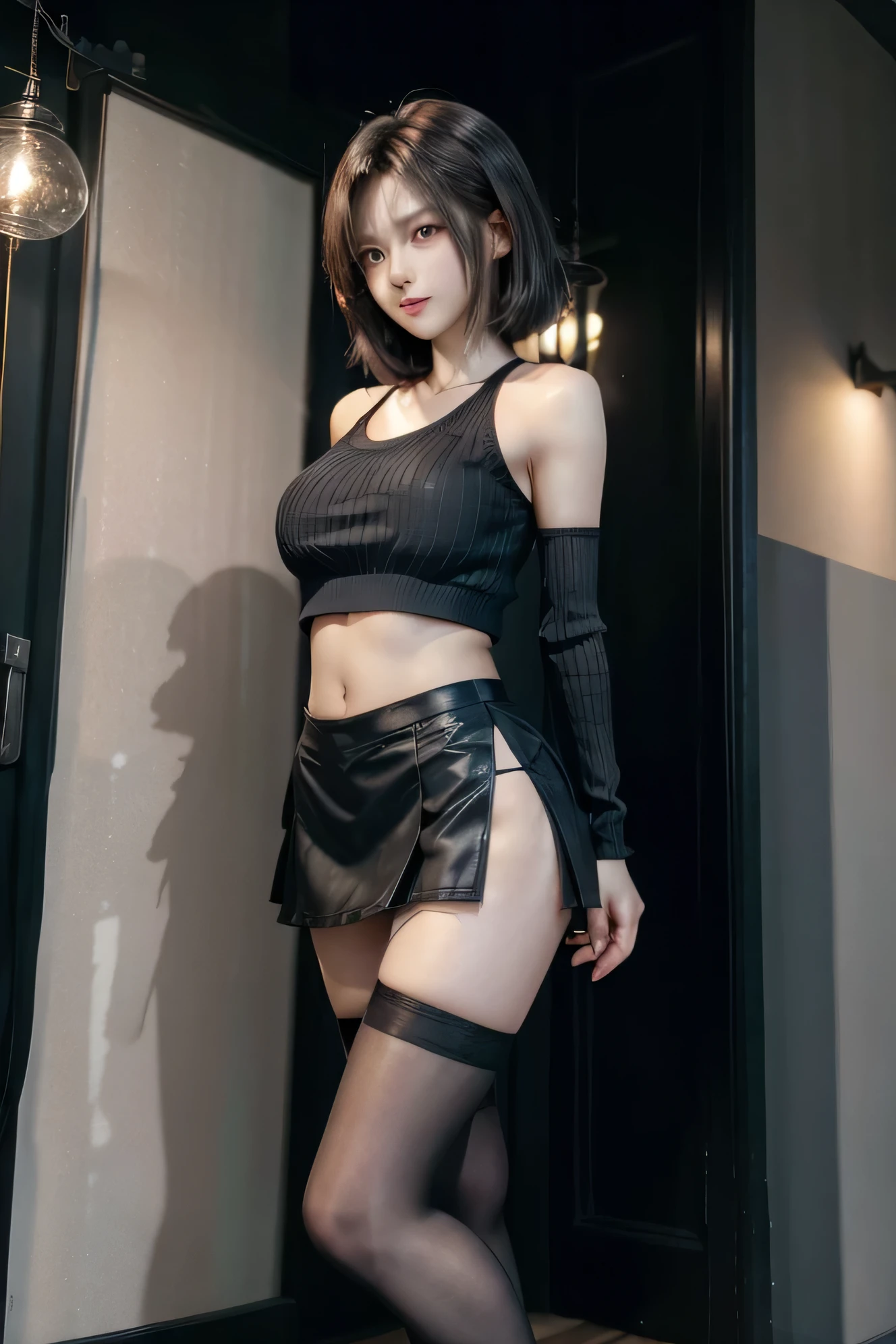 Asian , short hair, full body, very short red miniskirt, light gray thigh high stockings, long legs, sexy pose, showing her pussy.