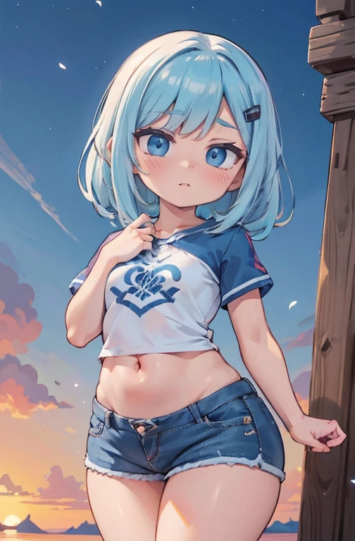 ShenheV4, (Shenhe com camiseta solta), jaqueta jeans, Shorts jeans, (Sozinho:1.1), (mulher madura:1.2), rosto bonito, (olhos detalhados), symmetrical eyes, (labios finos), (cabelo longo, cabelo cinza, braid, cabelo sobre um olho, hair ornament), (lindos seios redondos), corpo voluptuoso, Cintura fina, (Obra de arte, melhor qualidade), Soft ambient lighting, standing, vista frontal, cores vivas, Dia ensolarado, blue sky, Olhando para o espectador, Cintura fina, High definition, 8K, cores vivas, intricado, (absurdos:1.2), Bokeh, ((rosto detalhado)), Detalhes faciais, (ponto de vista coxas)