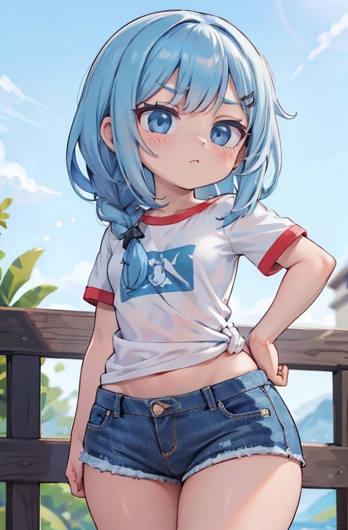 ShenheV4, (Shenhe com camiseta solta), jaqueta jeans, Shorts jeans, (Sozinho:1.1), (mulher madura:1.2), rosto bonito, (olhos detalhados), symmetrical eyes, (labios finos), (cabelo longo, cabelo cinza, braid, cabelo sobre um olho, hair ornament), (lindos seios redondos), corpo voluptuoso, Cintura fina, (Obra de arte, melhor qualidade), Soft ambient lighting, standing, vista frontal, cores vivas, Dia ensolarado, blue sky, Olhando para o espectador, Cintura fina, High definition, 8K, cores vivas, intricado, (absurdos:1.2), Bokeh, ((rosto detalhado)), Detalhes faciais, (ponto de vista coxas)