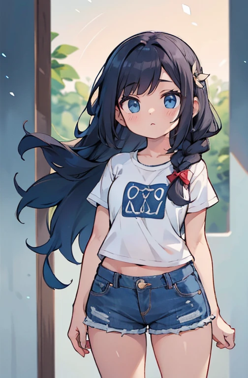 ShenheV4, (Shenhe com camiseta solta), jaqueta jeans, Shorts jeans, (Sozinho:1.1), (mulher madura:1.2), rosto bonito, (olhos detalhados), symmetrical eyes, (labios finos), (cabelo longo, cabelo cinza, braid, cabelo sobre um olho, hair ornament), (lindos seios redondos), corpo voluptuoso, Cintura fina, (Obra de arte, melhor qualidade), Soft ambient lighting, standing, vista frontal, cores vivas, Dia ensolarado, blue sky, Olhando para o espectador, Cintura fina, High definition, 8K, cores vivas, intricado, (absurdos:1.2), Bokeh, ((rosto detalhado)), Detalhes faciais, (ponto de vista coxas)