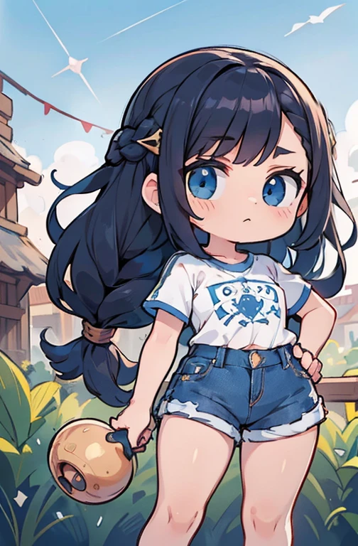 ShenheV4, (Shenhe com camiseta solta), jaqueta jeans, Shorts jeans, (Sozinho:1.1), (mulher madura:1.2), rosto bonito, (olhos detalhados), symmetrical eyes, (labios finos), (cabelo longo, cabelo cinza, braid, cabelo sobre um olho, hair ornament), (lindos seios redondos), corpo voluptuoso, Cintura fina, (Obra de arte, melhor qualidade), Soft ambient lighting, standing, vista frontal, cores vivas, Dia ensolarado, blue sky, Olhando para o espectador, Cintura fina, High definition, 8K, cores vivas, intricado, (absurdos:1.2), Bokeh, ((rosto detalhado)), Detalhes faciais, (ponto de vista coxas)