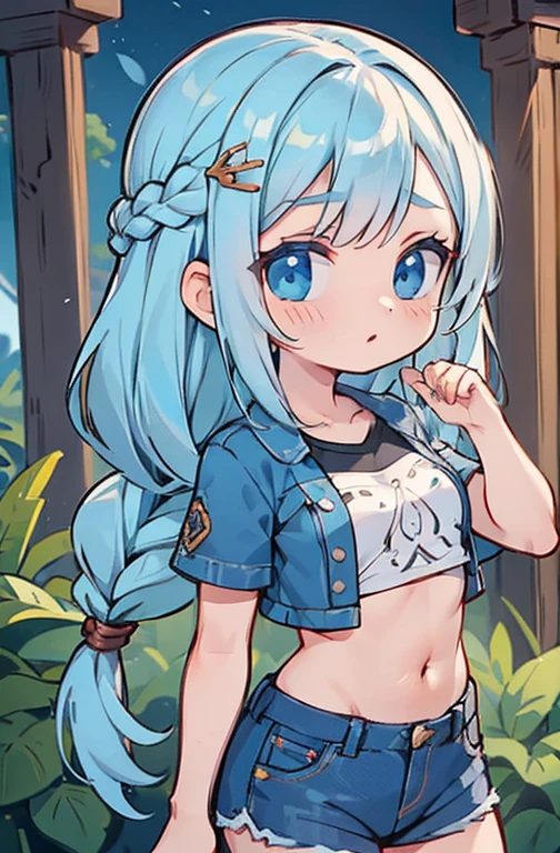 ShenheV4, (Shenhe com camiseta solta), jaqueta jeans, Shorts jeans, (Sozinho:1.1), (mulher madura:1.2), rosto bonito, (olhos detalhados), symmetrical eyes, (labios finos), (cabelo longo, cabelo cinza, braid, cabelo sobre um olho, hair ornament), (lindos seios redondos), corpo voluptuoso, Cintura fina, (Obra de arte, melhor qualidade), Soft ambient lighting, standing, vista frontal, cores vivas, Dia ensolarado, blue sky, Olhando para o espectador, Cintura fina, High definition, 8K, cores vivas, intricado, (absurdos:1.2), Bokeh, ((rosto detalhado)), Detalhes faciais, (ponto de vista coxas)