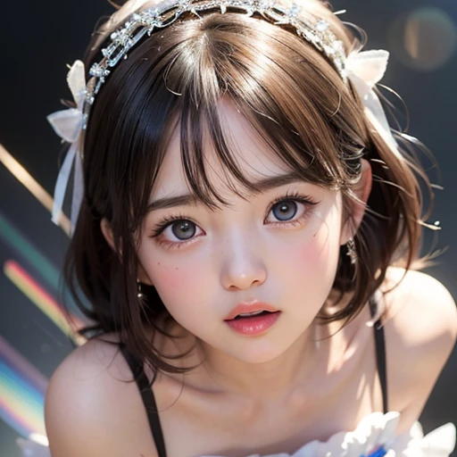 , 8k, High-level, absurd, masterpiece, best quality, primitive, very detailed CG, very detailed wallpaper, perfect lighting, Extremely detailed (((The personifying " Phoebe Cates " as a Little Girl))), MysticSight, Tyndall effect, Tyndall scattering, Studio gray background with (many Dazzling RainbowColor particles BokeH:1.28), (RoundlyButts, ThighGap), (Exposed:0.4), ( with looking ahead), BREAK (NOGIZAKA face variations) Extremely Detailed very KAWAII face variations, perfect , Childish, captivating gaze, elaborate detailed Eyes with (sparkling highlights:1.28), long eyelashes、Glossy RED Lips with beautiful details, Coquettish tongue, Rosy cheeks, Radiant PearlSkin with clear transparency . { (Dynamic LifeLike expressions:1.4) | :d) }, (large eyes:-1) .