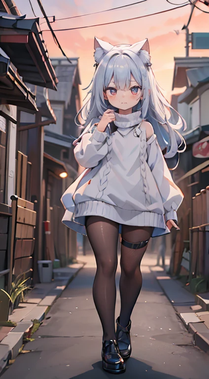Olhe para a camera,(((mais alta qualidade, 8K, Obra de arte))), sharp focus, (mulher bonita com figura perfeita), afinar, (Penteado: Excelente)), ((Alley at night)), rua: 1.2 非常に詳細な顔と肌の質感詳細な目Double eyelidランダムな姿勢, (sorriso), Rosto realista, Double eyelid,sorriso, cidade ciberpunk , At the sunset , Dentes lindos , thigh strap, use uma jaqueta de couro、shoulder to shoulder sweater、Gray Vertical Ribbed Sweater Dress、fishnet pantyhose、cinta-liga、night vision、