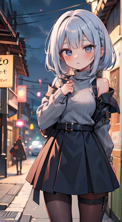 Olhe para a camera,(((mais alta qualidade, 8K, Obra de arte))), sharp focus, (mulher bonita com figura perfeita), afinar, (Penteado: Excelente)), ((Alley at night)), rua: 1.2 非常に詳細な顔と肌の質感詳細な目Double eyelidランダムな姿勢, (sorriso), Rosto realista, Double eyelid,sorriso, cidade ciberpunk , At the sunset , Dentes lindos , thigh strap, use uma jaqueta de couro、shoulder to shoulder sweater、Gray Vertical Ribbed Sweater Dress、fishnet pantyhose、cinta-liga、night vision、