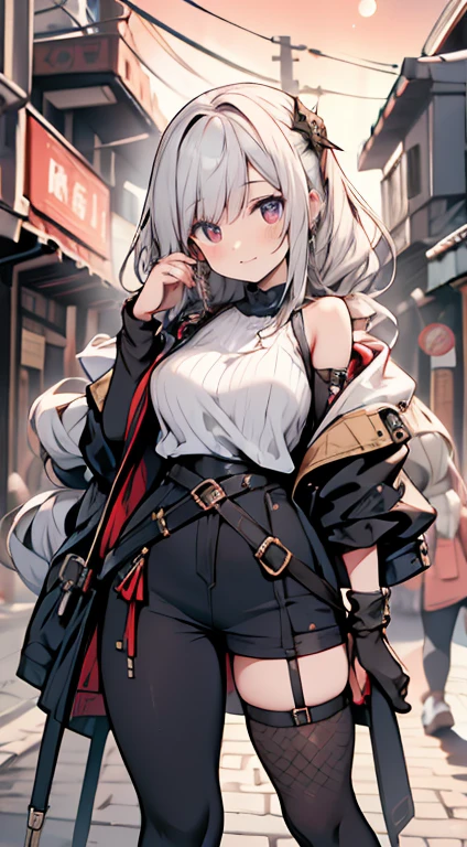 Olhe para a camera,(((mais alta qualidade, 8K, Obra de arte))), sharp focus, (mulher bonita com figura perfeita), afinar, (Penteado: Excelente)), ((Alley at night)), rua: 1.2 非常に詳細な顔と肌の質感詳細な目Double eyelidランダムな姿勢, (sorriso), Rosto realista, Double eyelid,sorriso, cidade ciberpunk , At the sunset , Dentes lindos , thigh strap, use uma jaqueta de couro、shoulder to shoulder sweater、Gray Vertical Ribbed Sweater Dress and Fishnet Pants、cinta-liga、night vision、