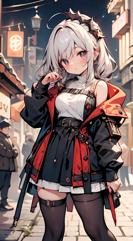 Olhe para a camera,(((mais alta qualidade, 8K, Obra de arte))), sharp focus, (mulher bonita com figura perfeita), afinar, (Penteado: Excelente)), ((Alley at night)), rua: 1.2 非常に詳細な顔と肌の質感詳細な目Double eyelidランダムな姿勢, (sorriso), Rosto realista, Double eyelid,sorriso, cidade ciberpunk , At the sunset , Dentes lindos , thigh strap, use uma jaqueta de couro、shoulder to shoulder sweater、Gray Vertical Ribbed Sweater Dress and Fishnet Pants、cinta-liga、night vision、