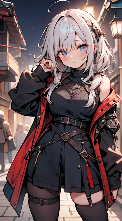 Olhe para a camera,(((mais alta qualidade, 8K, Obra de arte))), sharp focus, (mulher bonita com figura perfeita), afinar, (Penteado: Excelente)), ((Alley at night)), rua: 1.2 非常に詳細な顔と肌の質感詳細な目Double eyelidランダムな姿勢, (sorriso), Rosto realista, Double eyelid,sorriso, cidade ciberpunk , At the sunset , Dentes lindos , thigh strap, use uma jaqueta de couro、shoulder to shoulder sweater、Gray Vertical Ribbed Sweater Dress and Fishnet Pants、cinta-liga、night vision、