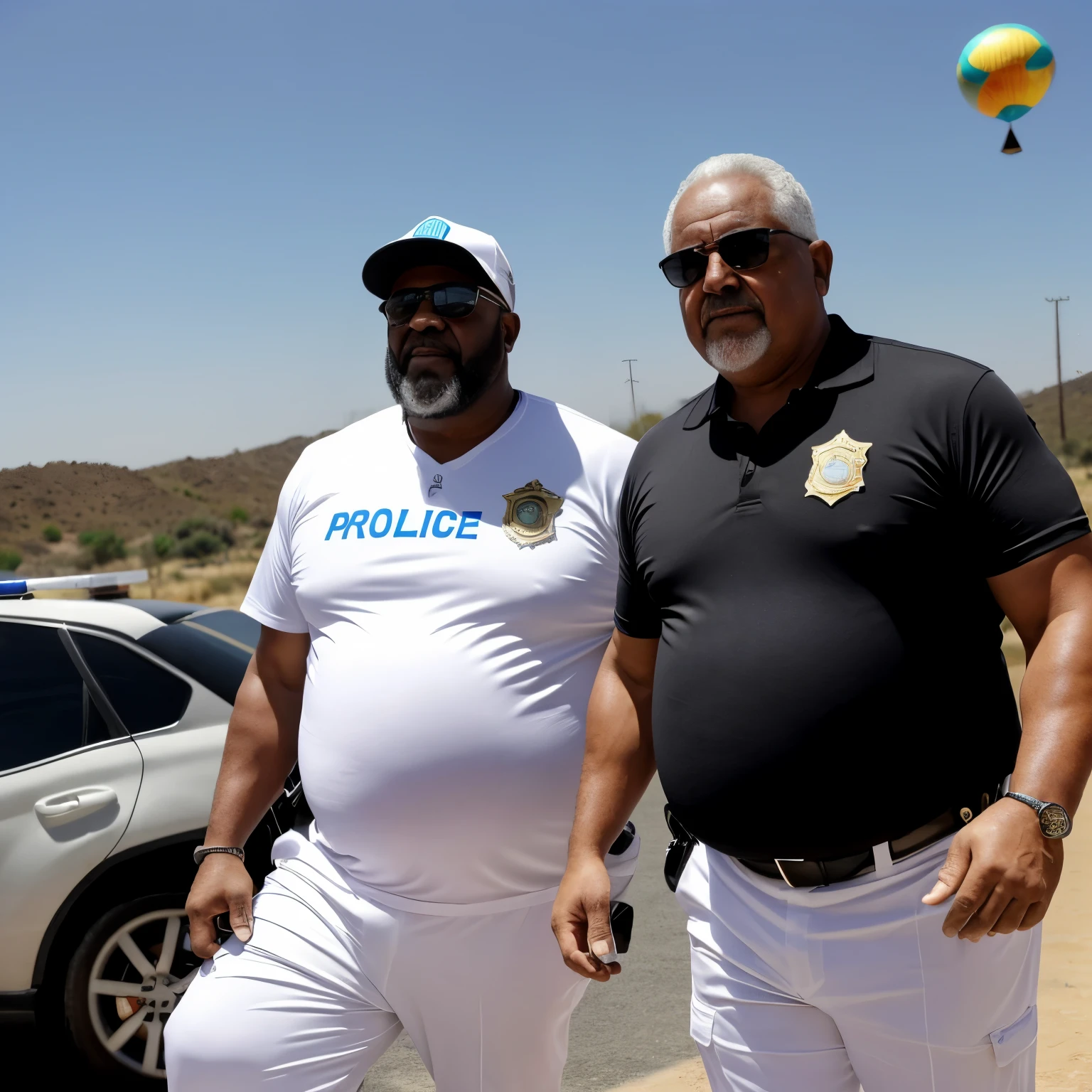Un Abuelo africano calvo cacheton gigante, (obeso), (barrigon), serio, 50-year-old grumpy, 35 meters tall (police) con un (enorme vientre) con (forma redonda) con un (cuerpo pesado completo), (apoyado dentro de su auto) con una (enorme barriga distendida sobresaliendo hacia un lado) como un (expanding ball), (usando una camisa blanca), (black pants), (gafas de sol) su vientre tiene la forma de parecido a un (enorme globo hinchado) (lleno de agua) colgando entre sus rodillas, con sus (brazos abiertos)