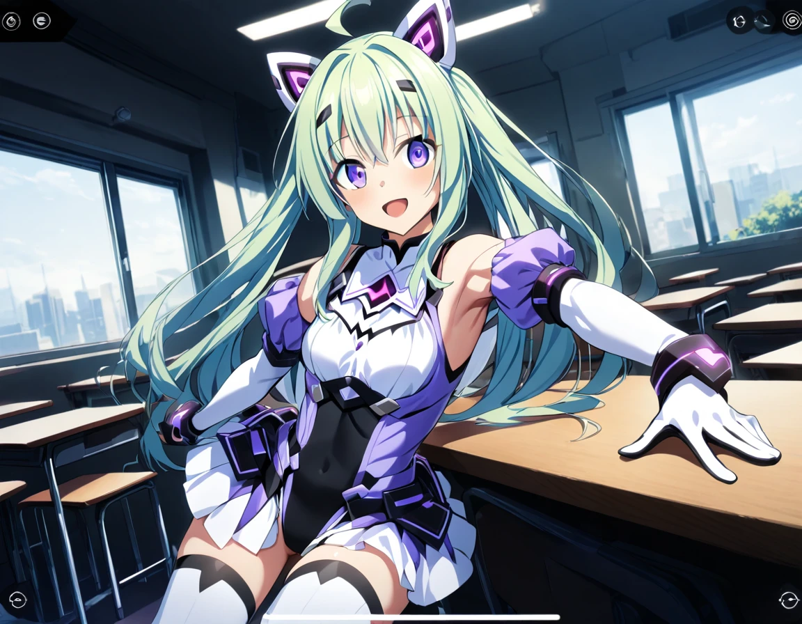 (whole body),masterpiece, highest quality, High resolution, Former Aunt_flora, Magical girl, One Girl, alone, Purple eyes, Green Hair，Long Hair，leotard，Elbow Handbag，Knee-high socks，selfie, user interface, fake screenshot, viewfinder, phone screen, taking picture,Cowboy Shot, Sitting, classroom, mechanical, put your hands on the table, smile, 